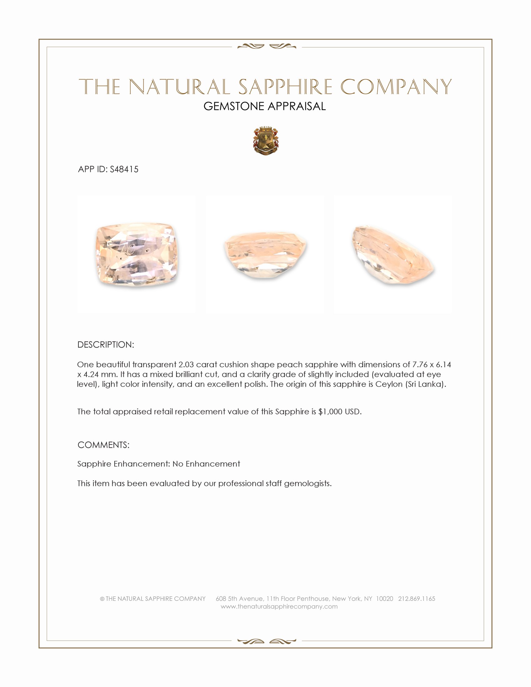 2.03 Ct. Peach Sapphire from Ceylon (Sri Lanka)