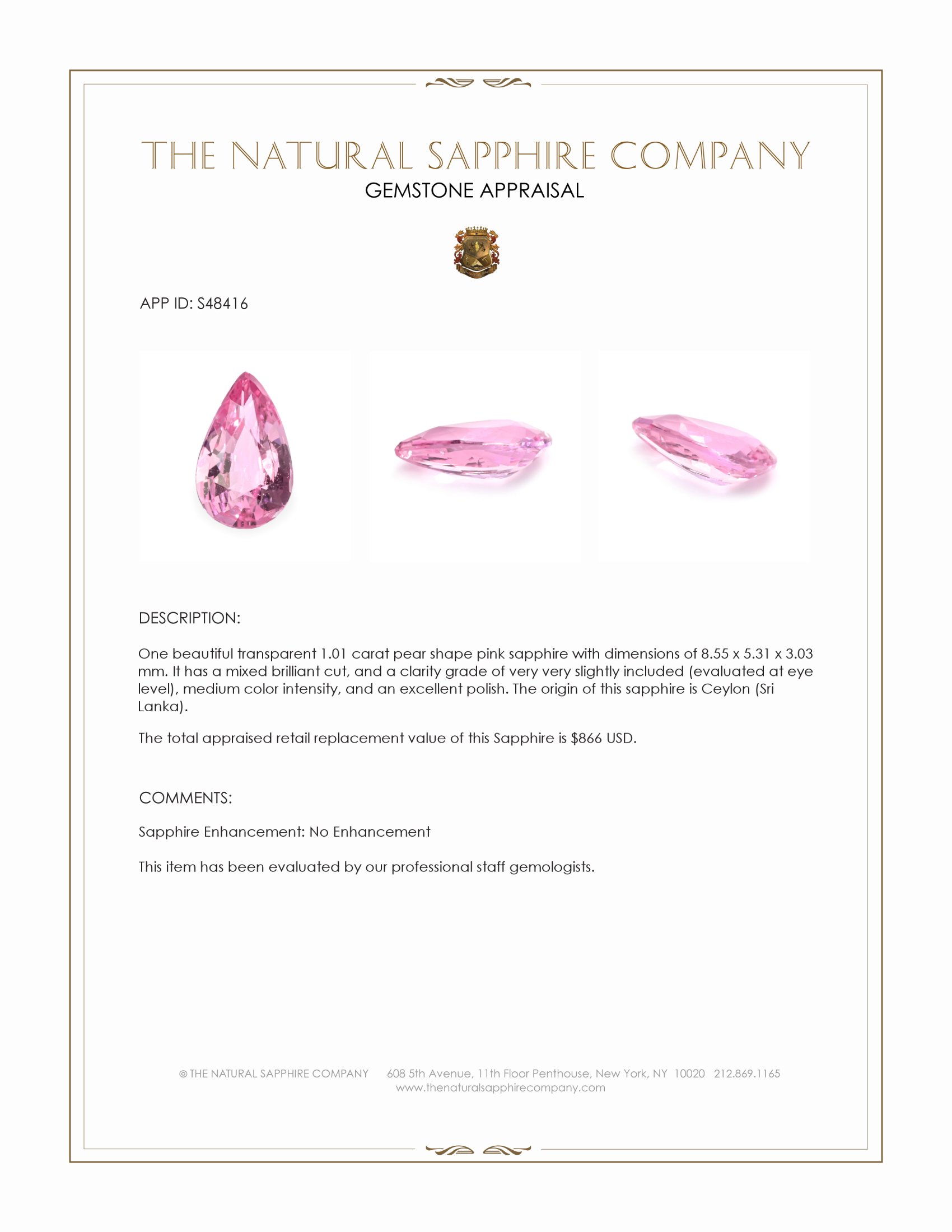 1.01 Ct. Pink Sapphire from Ceylon (Sri Lanka)