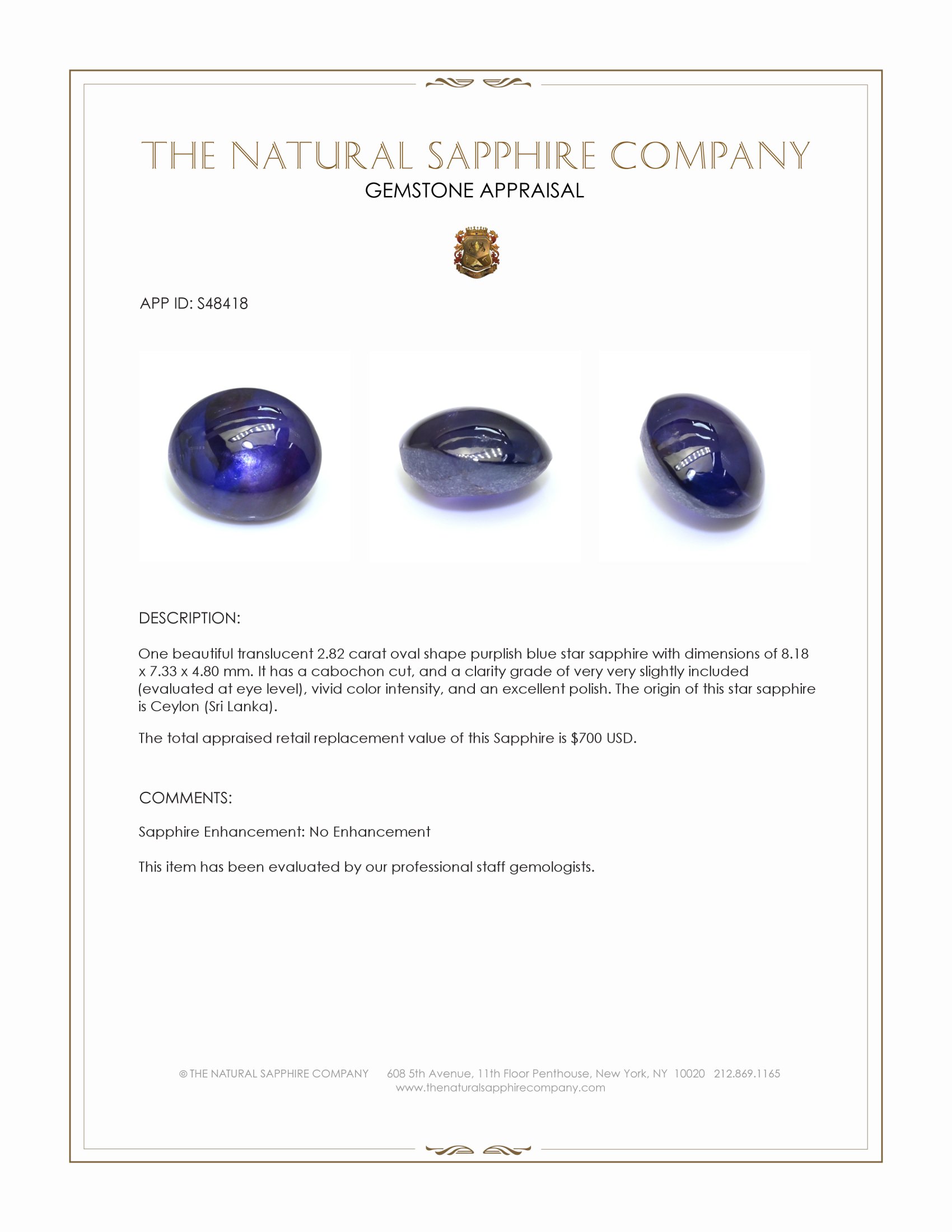 2.82 Ct. Purplish Blue Cabochon Star Sapphire from Ceylon (Sri Lanka)