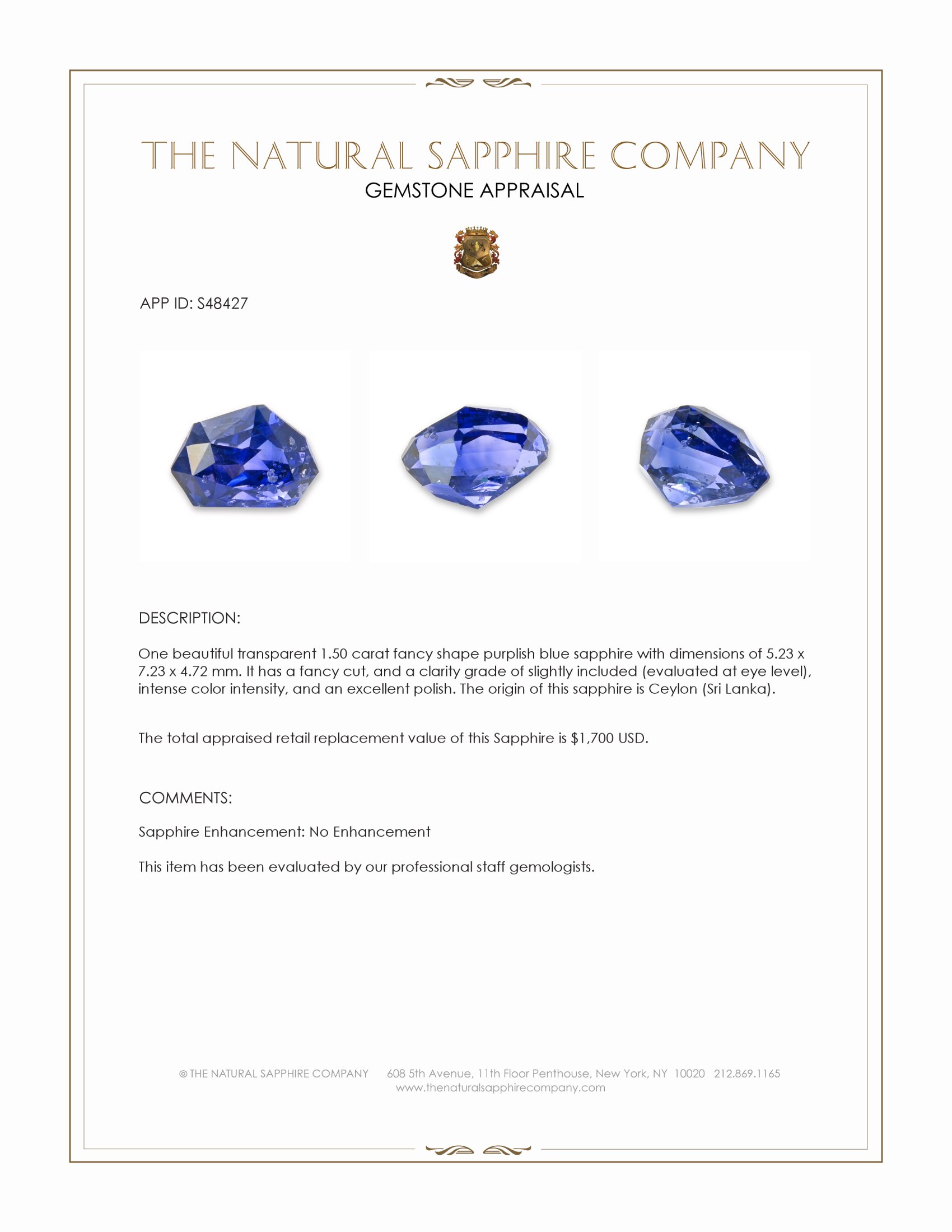 1.50 Ct. Purplish Blue Sapphire from Ceylon (Sri Lanka)