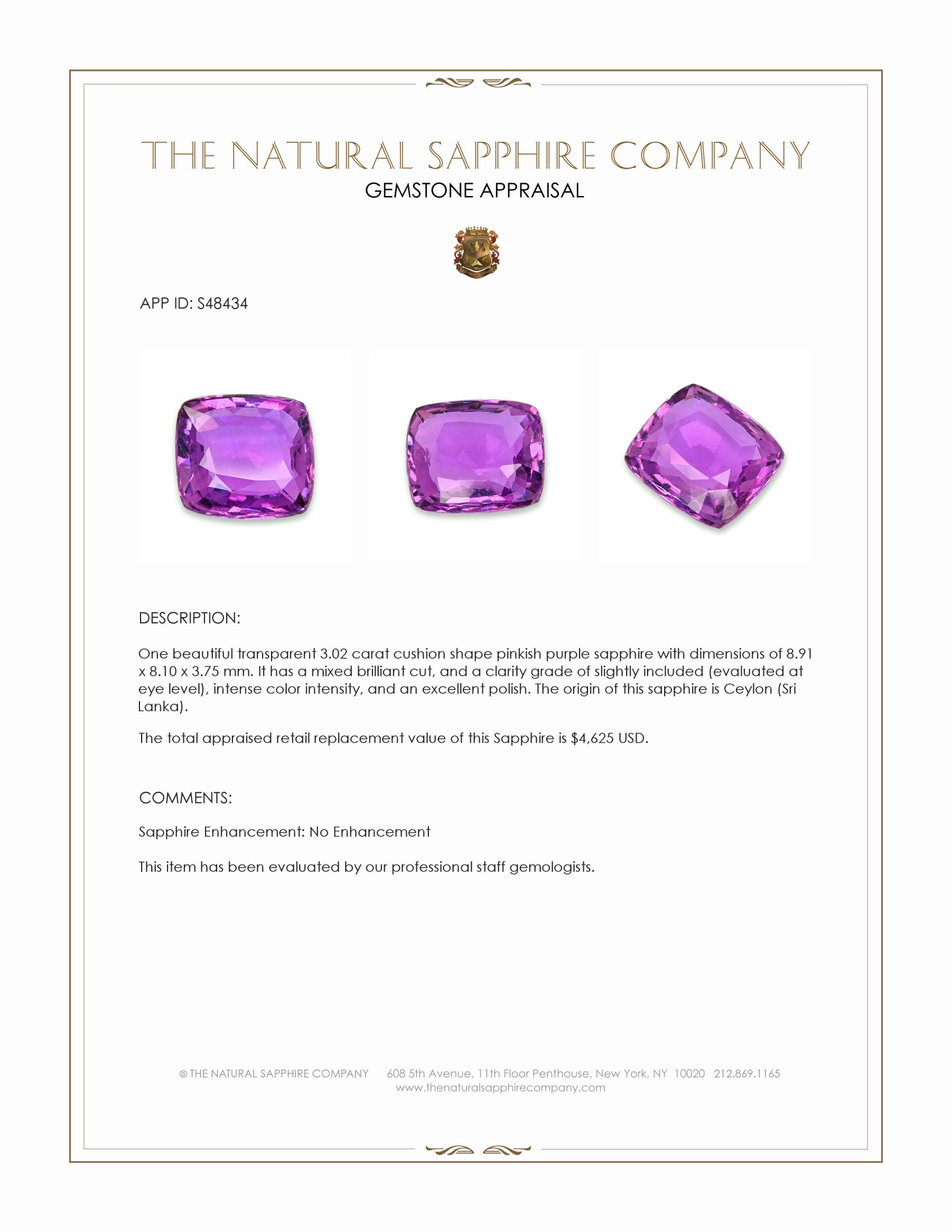 3.02 Ct. Pinkish Purple Sapphire from Ceylon (Sri Lanka)
