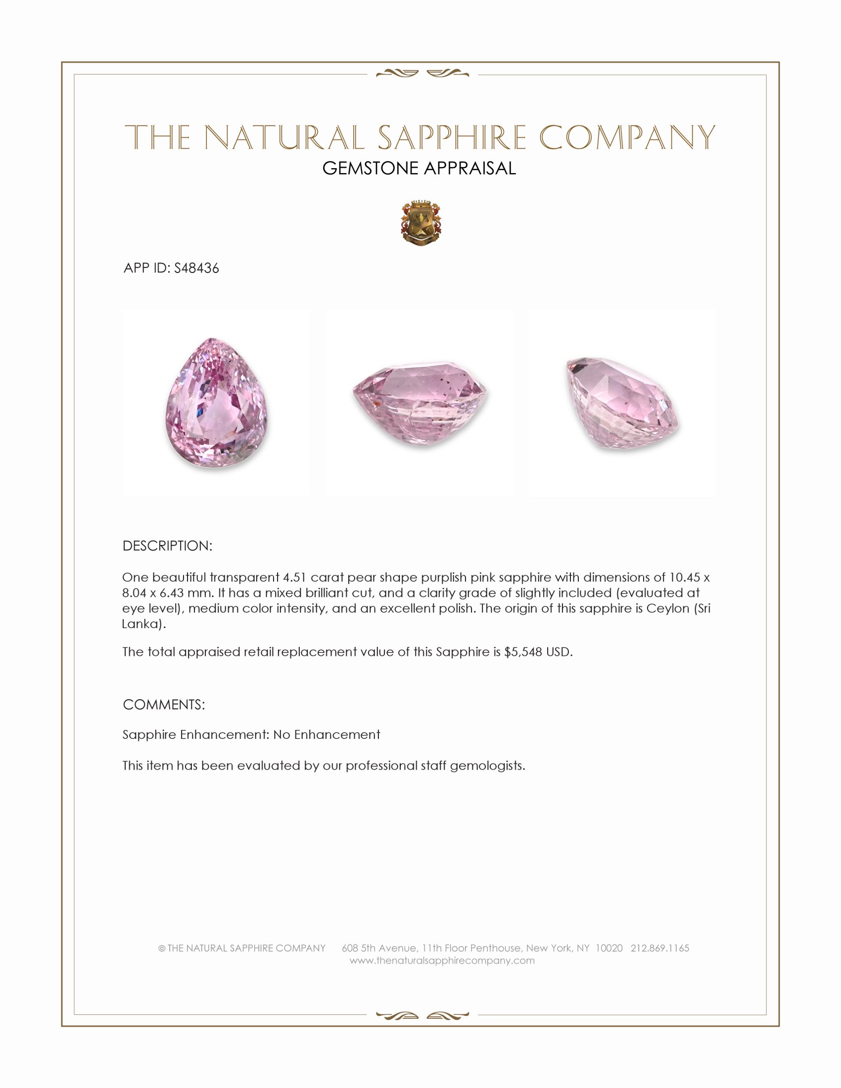 4.51 Ct. Purplish Pink Sapphire from Ceylon (Sri Lanka)