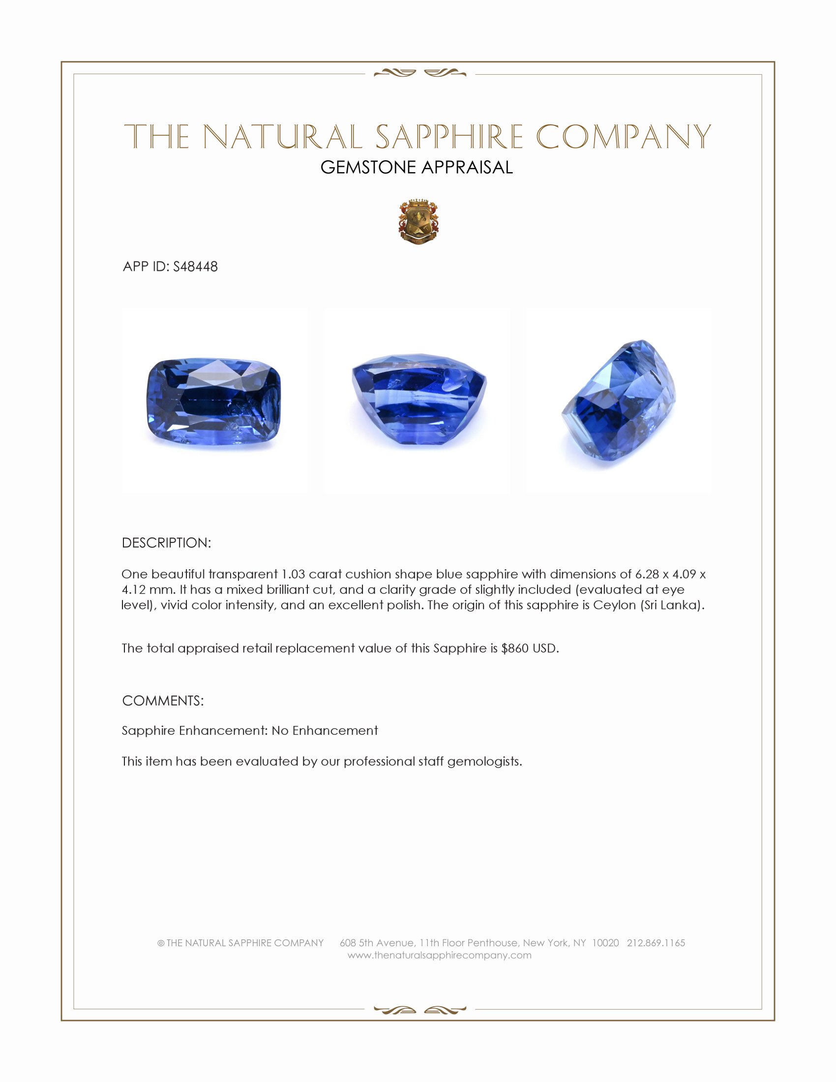 1.03 Ct. Blue Sapphire from Ceylon (Sri Lanka)