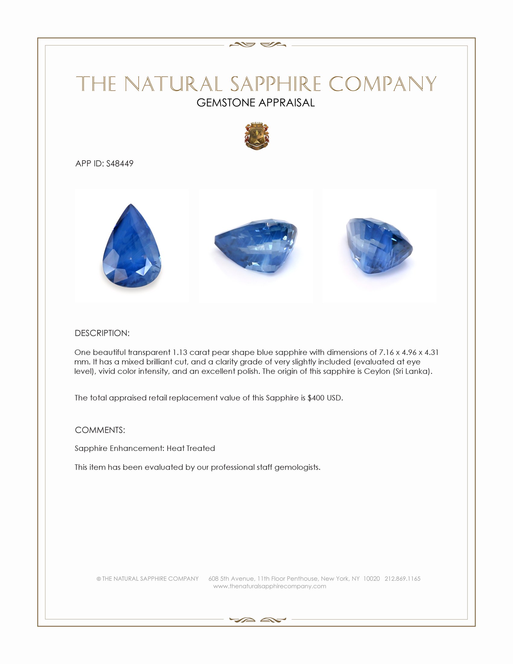 1.13 Ct. Blue Opalescence Sapphire from Ceylon (Sri Lanka)