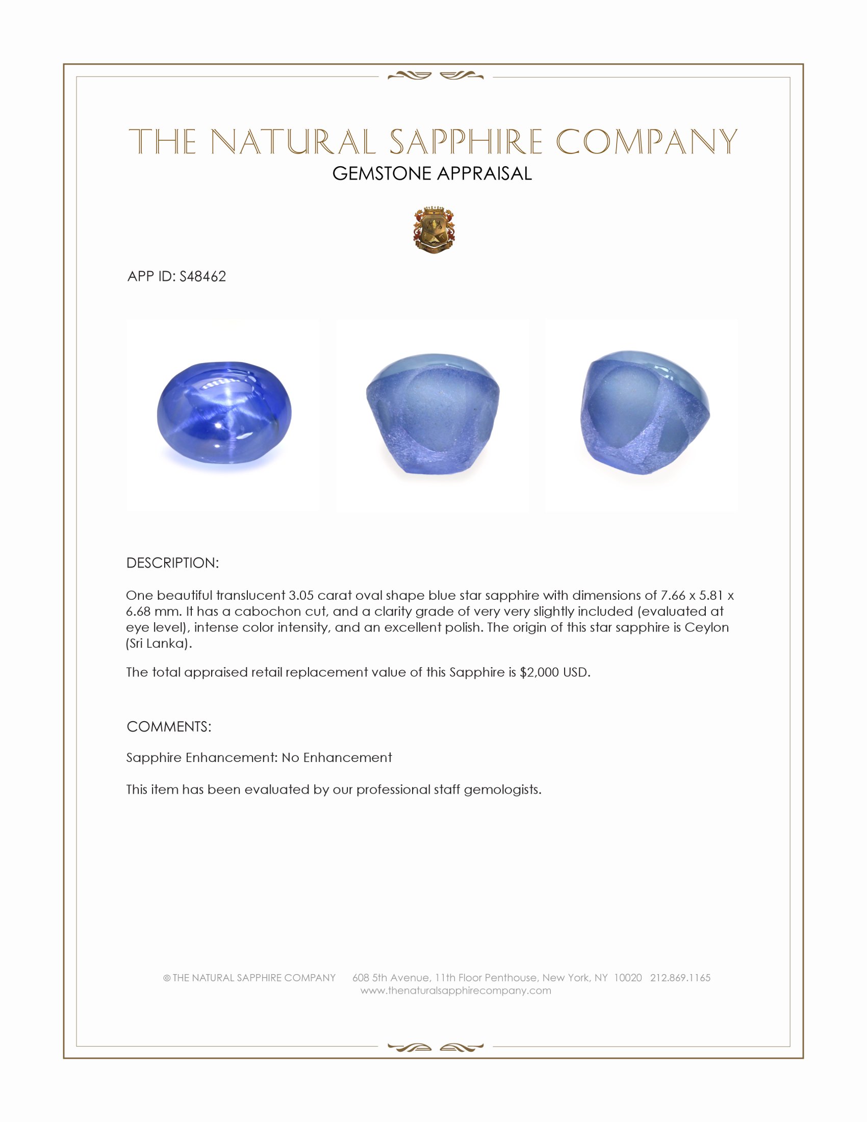 3.05 Ct. Blue Star Sapphire from Ceylon (Sri Lanka)