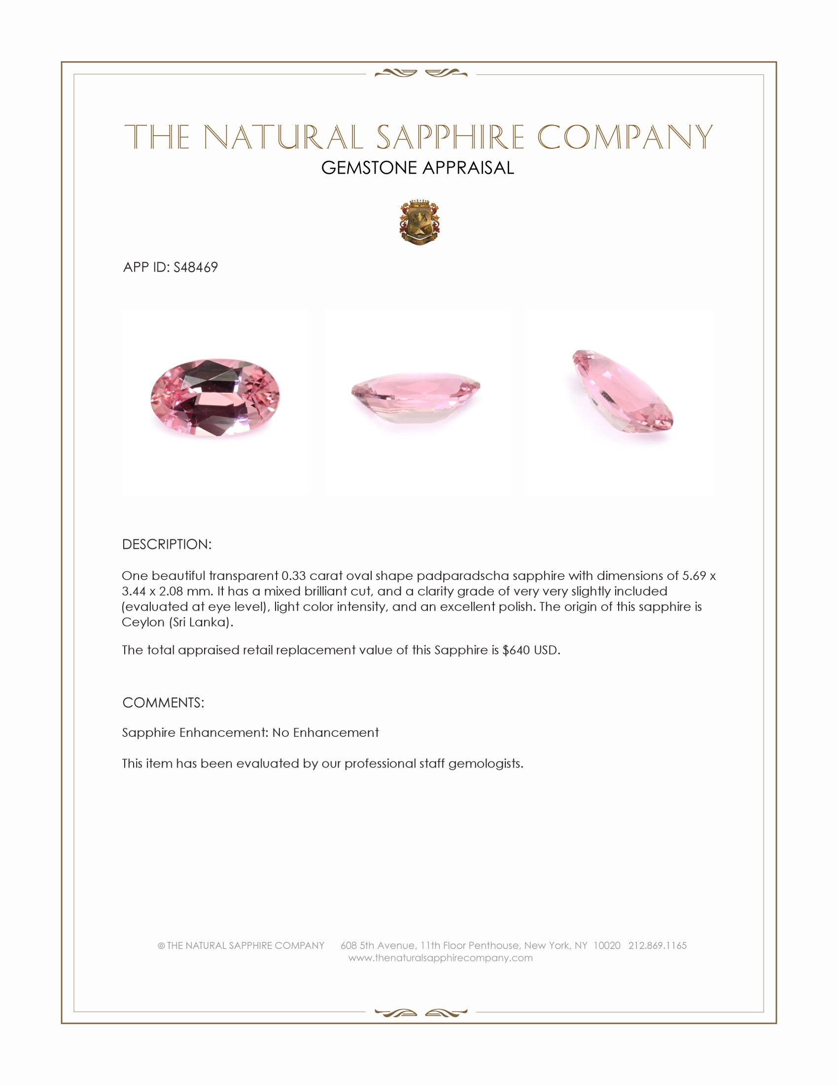 0.33 Ct. Padparadscha Sapphire from Ceylon (Sri Lanka)