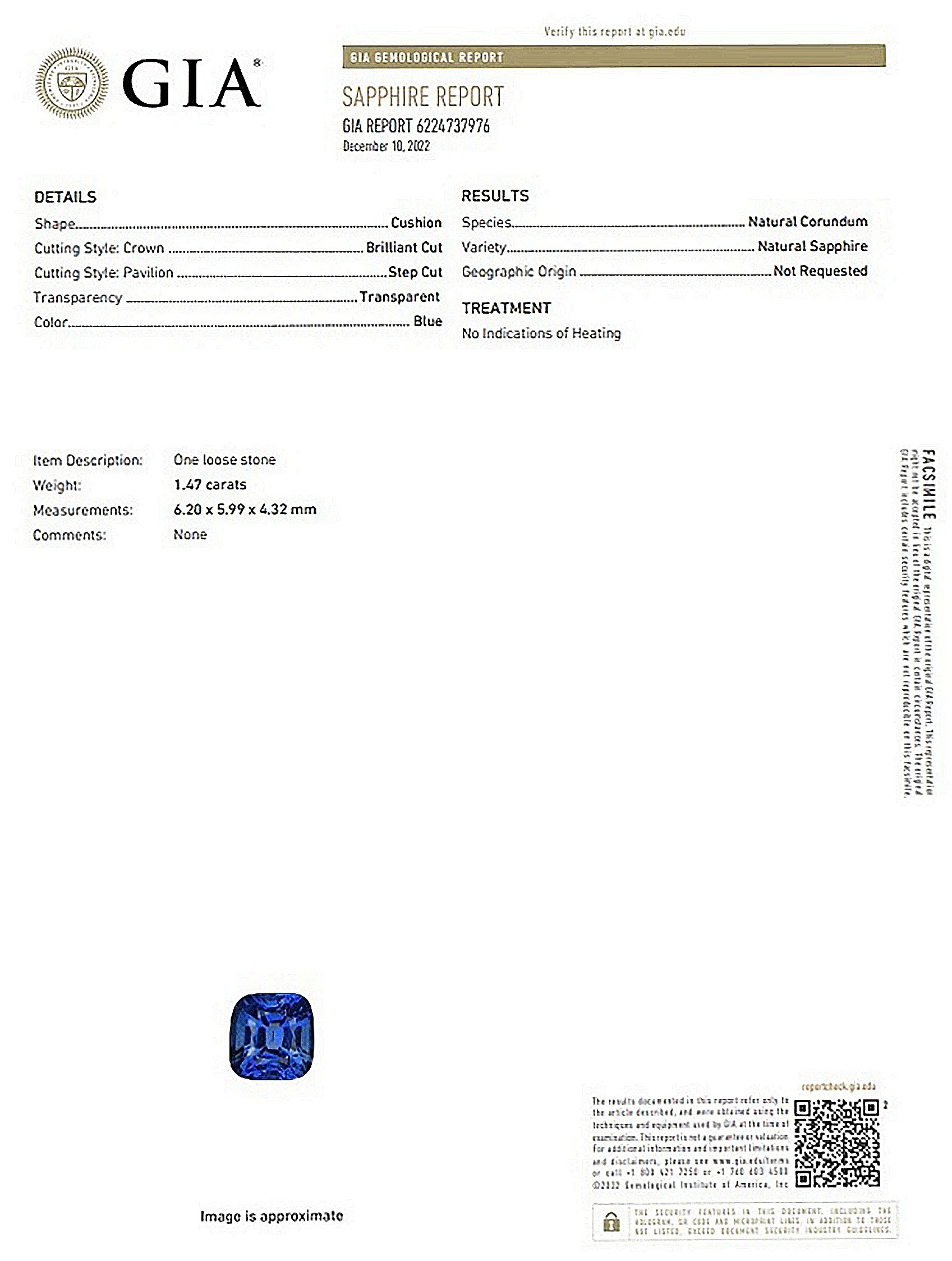 1.47 Ct. Blue Sapphire from Ceylon (Sri Lanka)