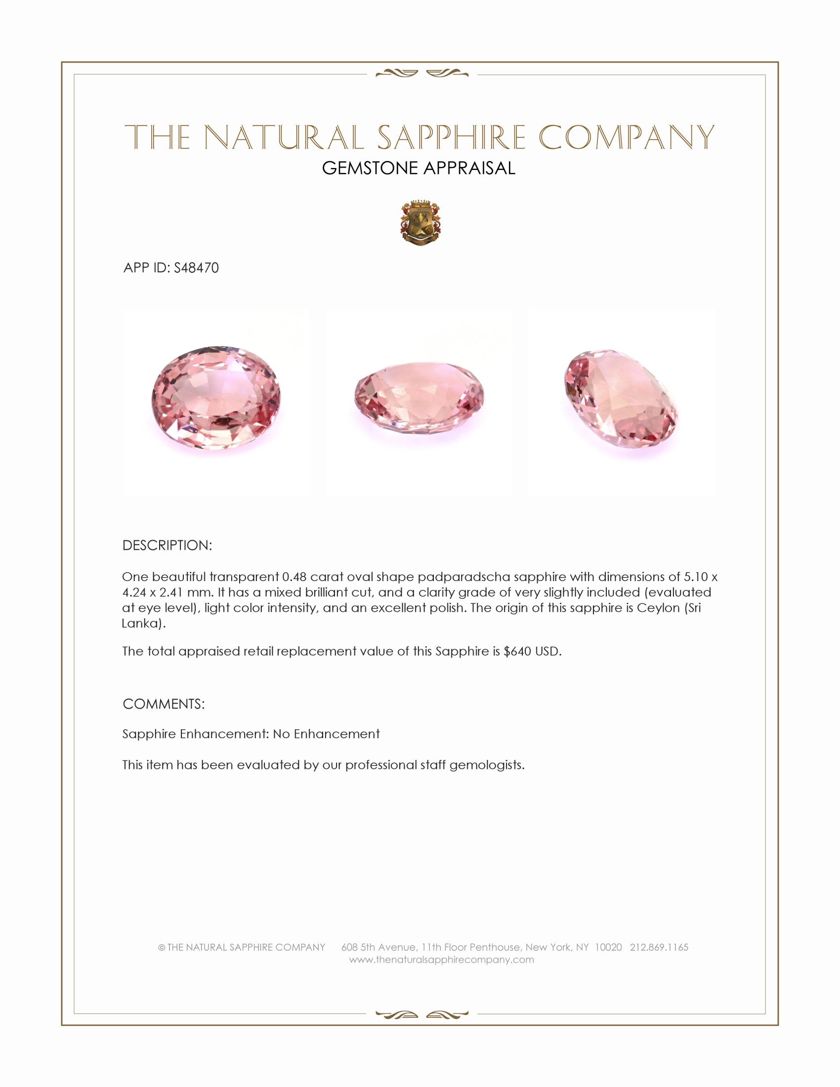 0.48 Ct. Padparadscha Sapphire from Ceylon (Sri Lanka)
