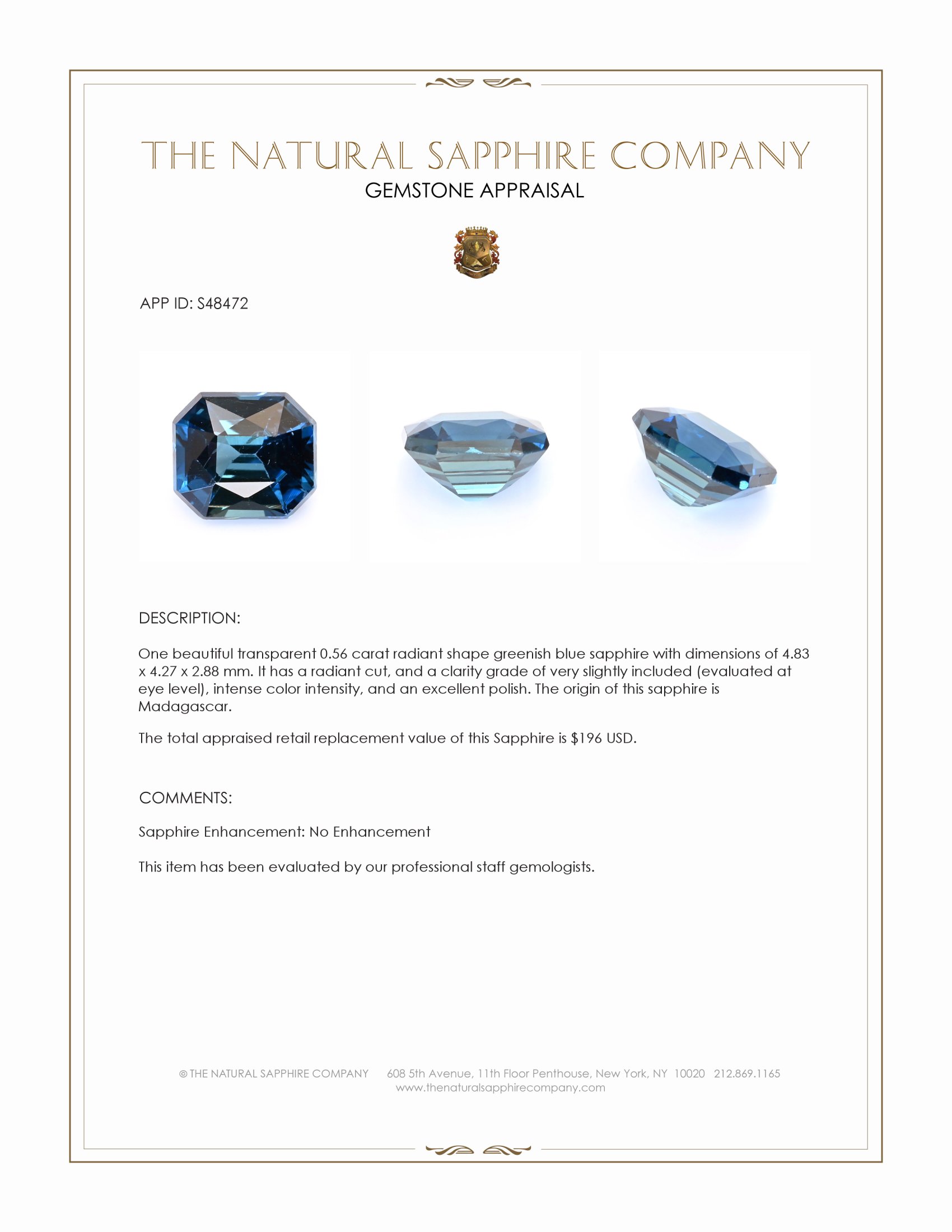 0.56 Ct. Greenish Blue Sapphire from Madagascar