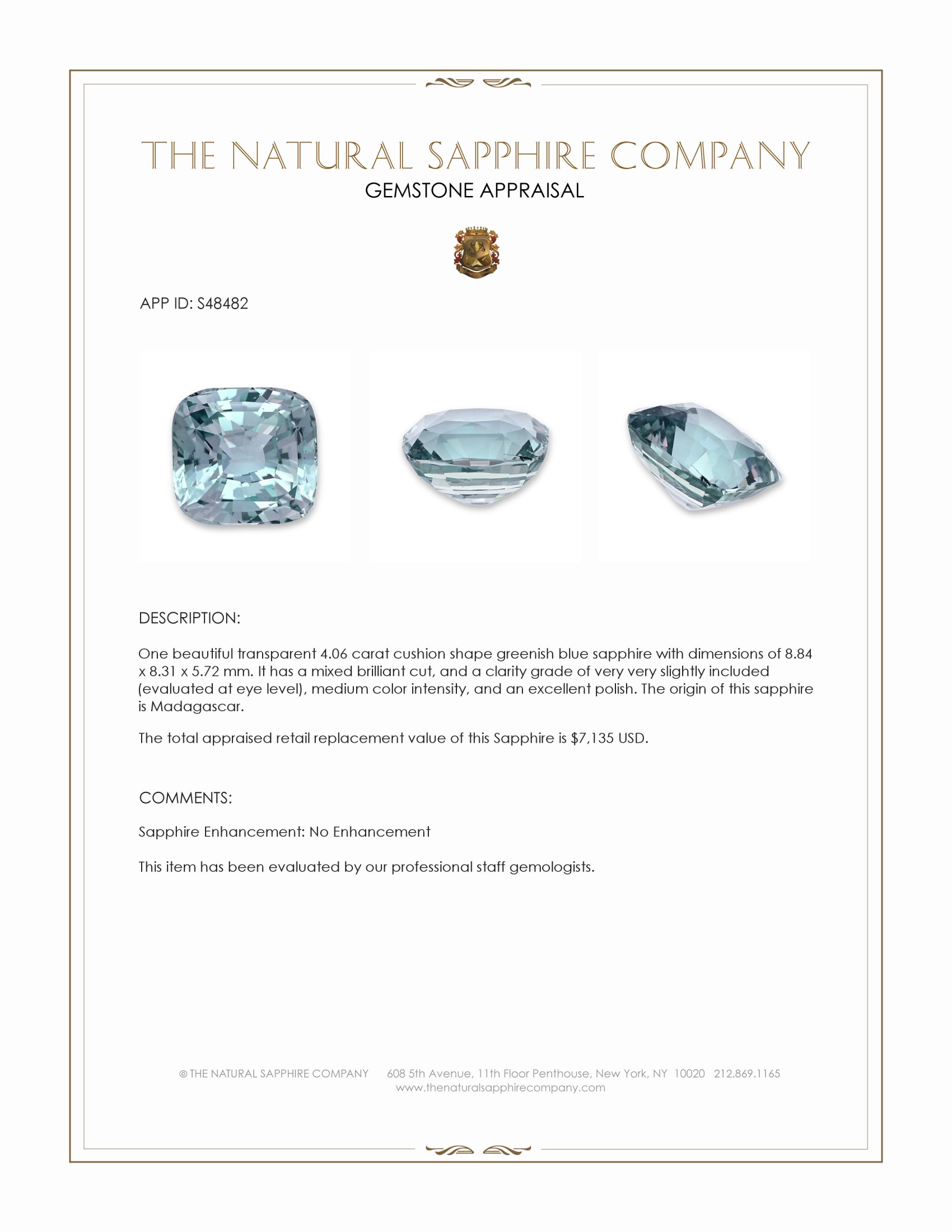 4.06 Ct. Greenish Blue Sapphire from Madagascar