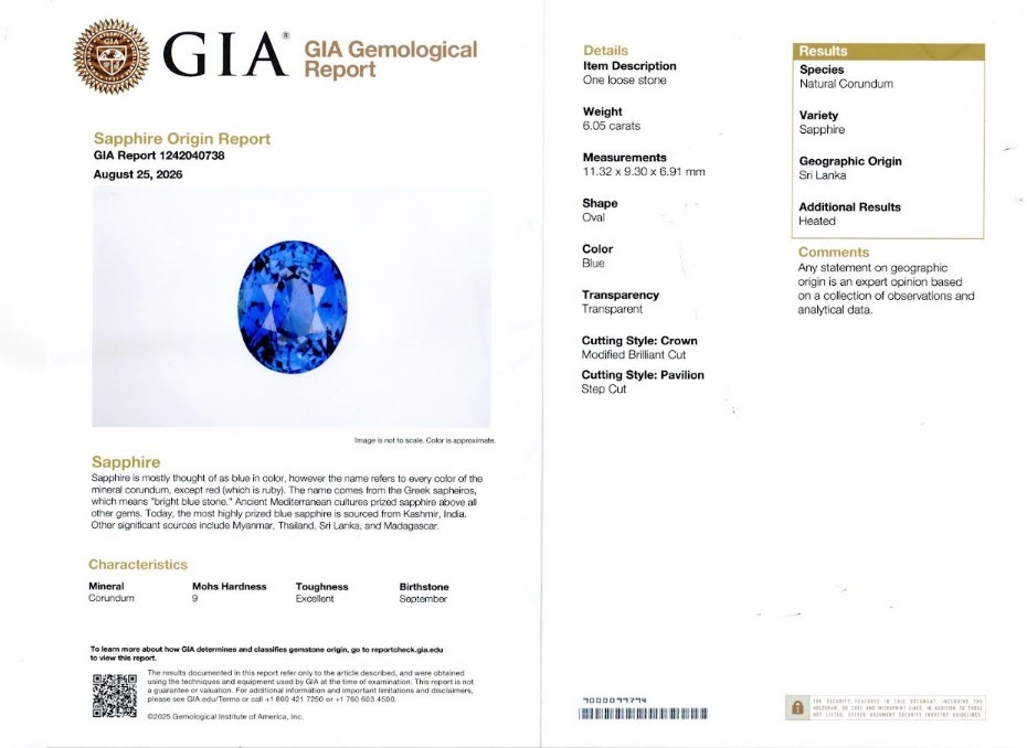 6.05 Ct. Blue Sapphire from Ceylon (Sri Lanka)