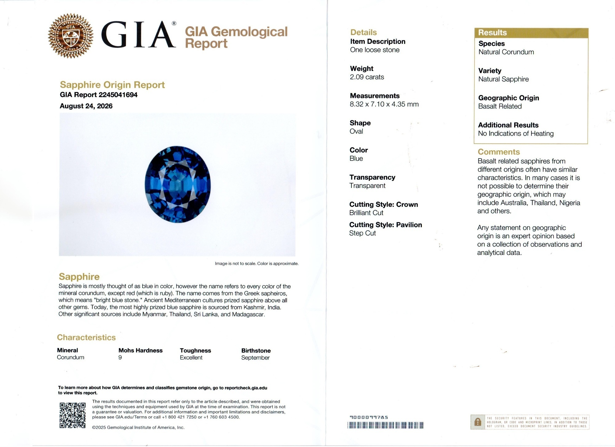 2.09 Ct. Blue Sapphire