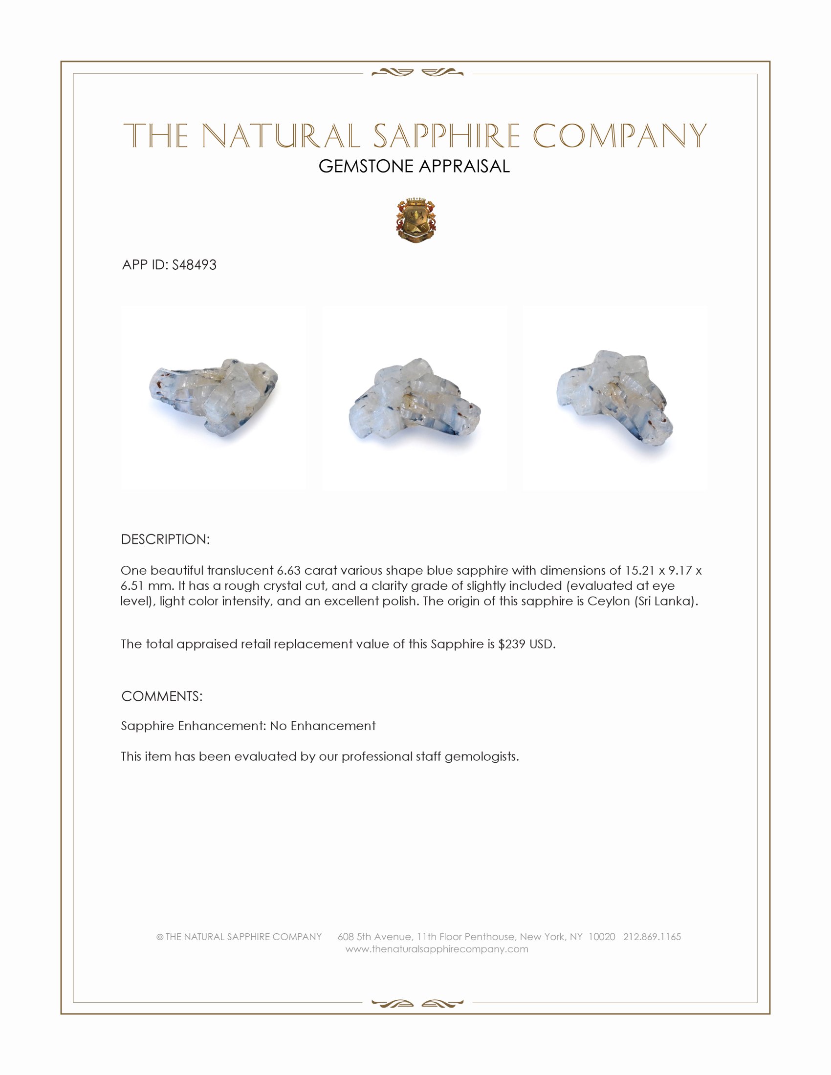 6.63 Ct. Blue Sapphire from Ceylon (Sri Lanka)