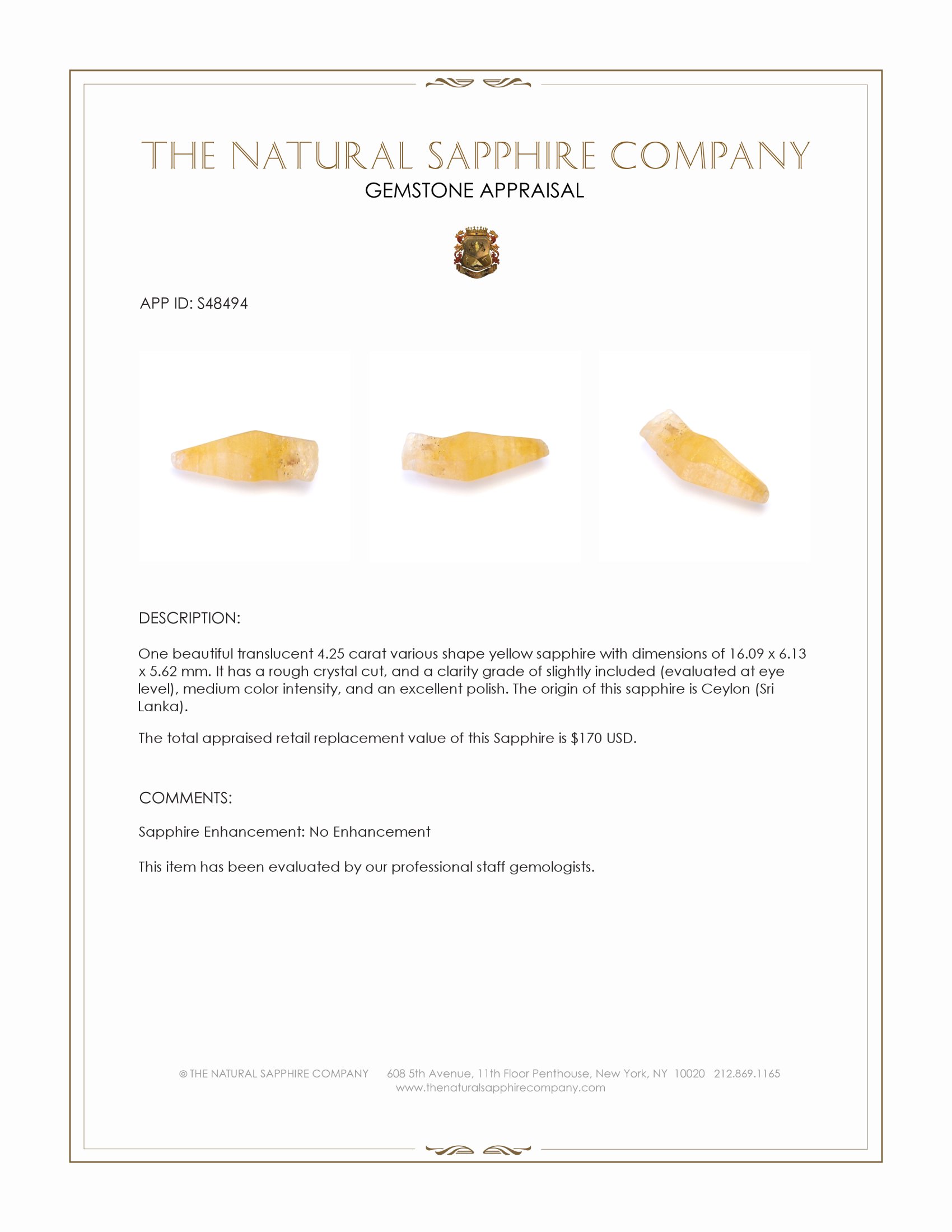 4.25 Ct. Yellow Sapphire from Ceylon (Sri Lanka)