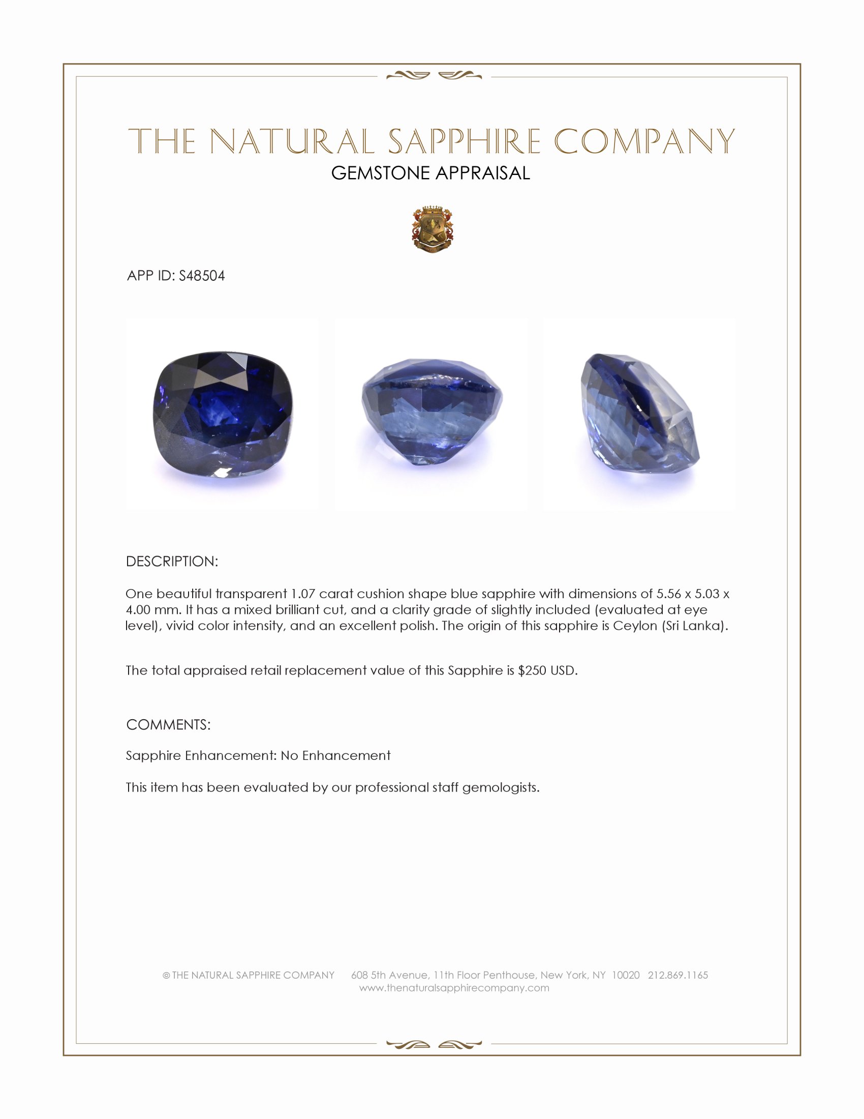 1.07 Ct. Blue Sapphire from Ceylon (Sri Lanka)