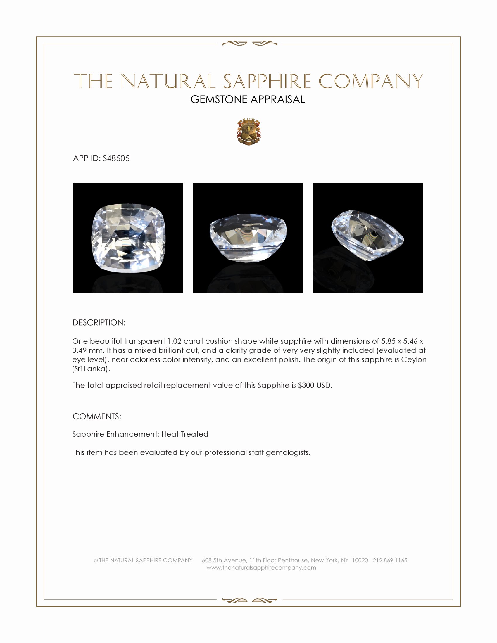 1.02 Ct. White Sapphire from Ceylon (Sri Lanka)