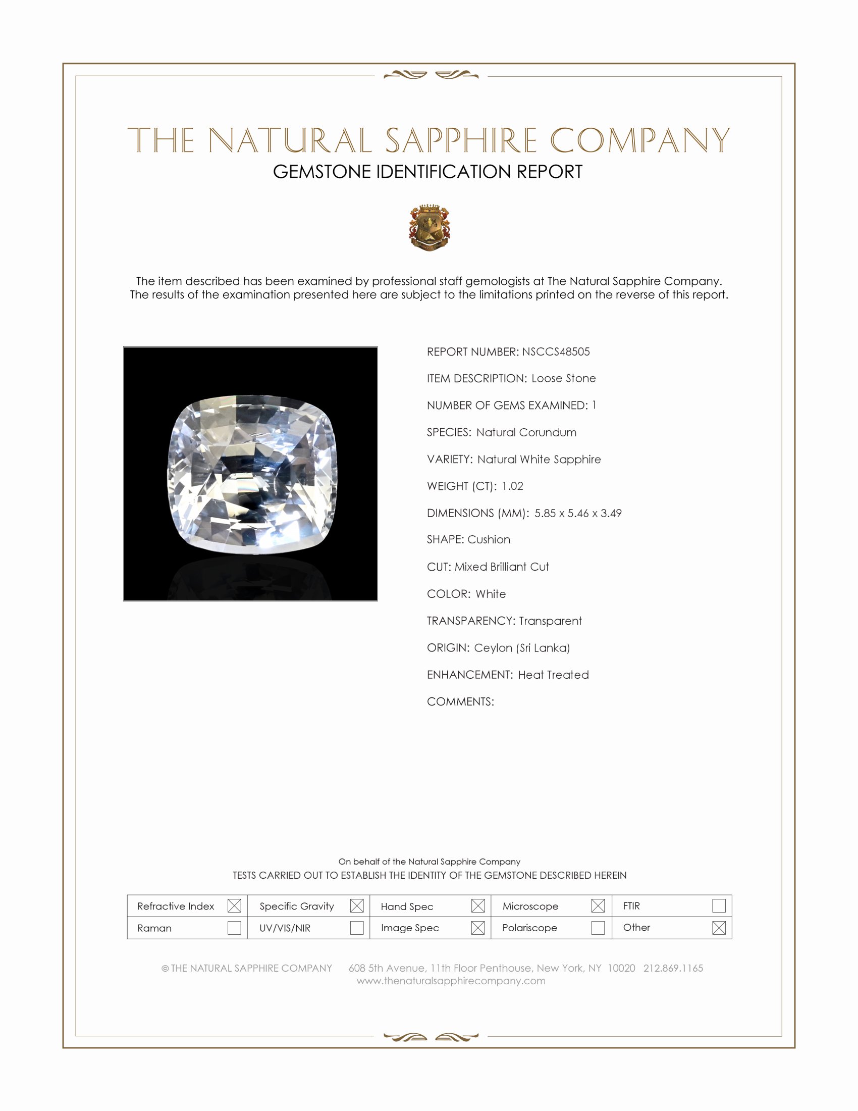 1.02 Ct. White Sapphire from Ceylon (Sri Lanka)