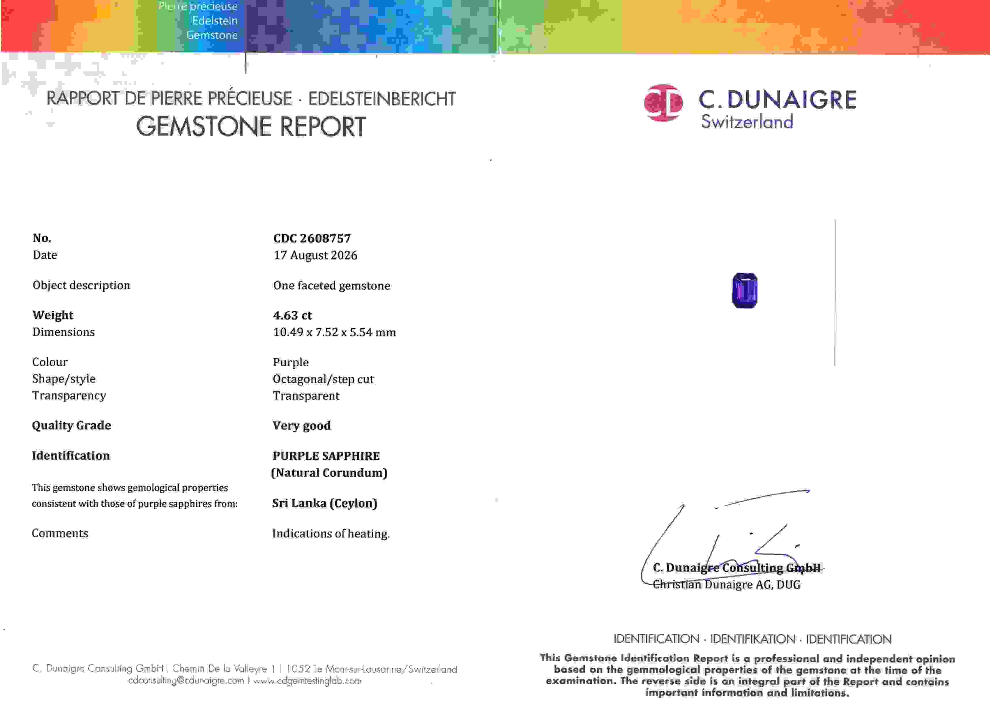 4.63 Ct. Purple Sapphire from Ceylon (Sri Lanka)