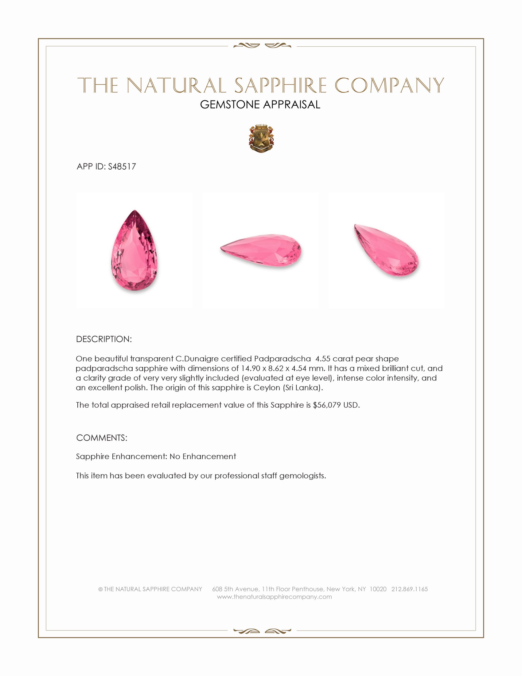 4.55 Ct. Padparadscha Sapphire from Ceylon (Sri Lanka)