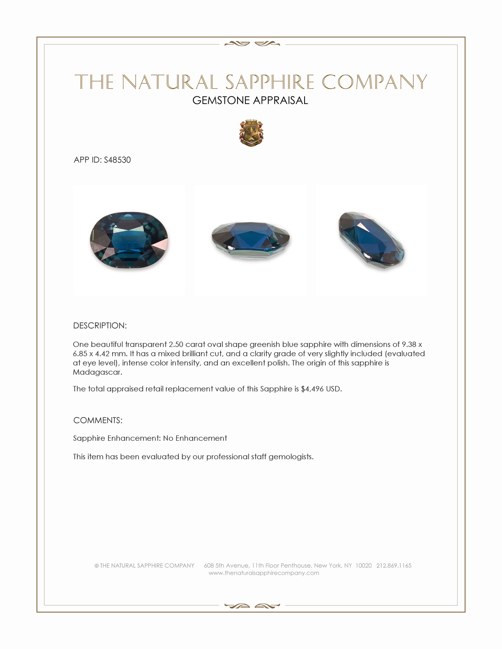2.50 Ct. Greenish Blue Sapphire from Madagascar