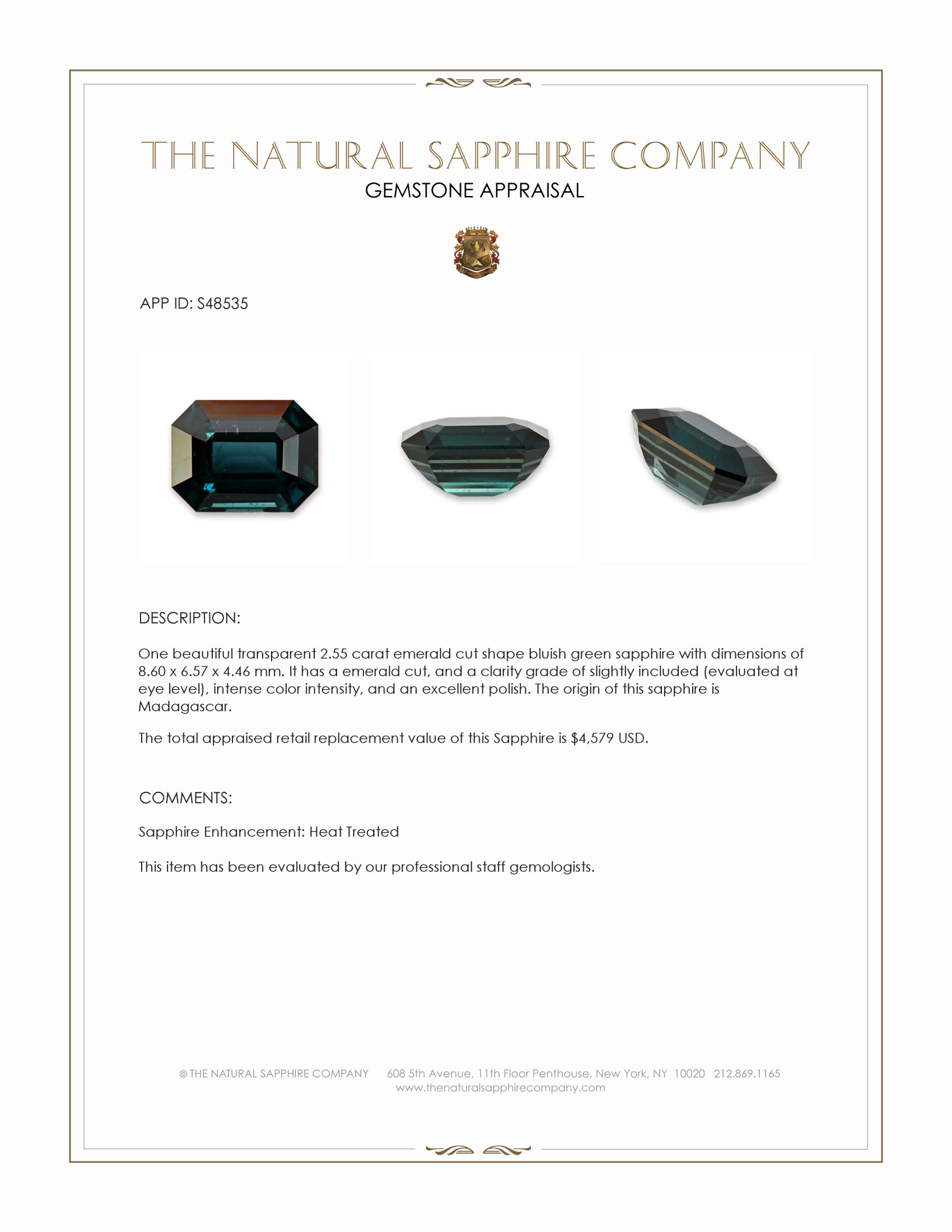 2.55 Ct. Bluish Green Sapphire from Madagascar