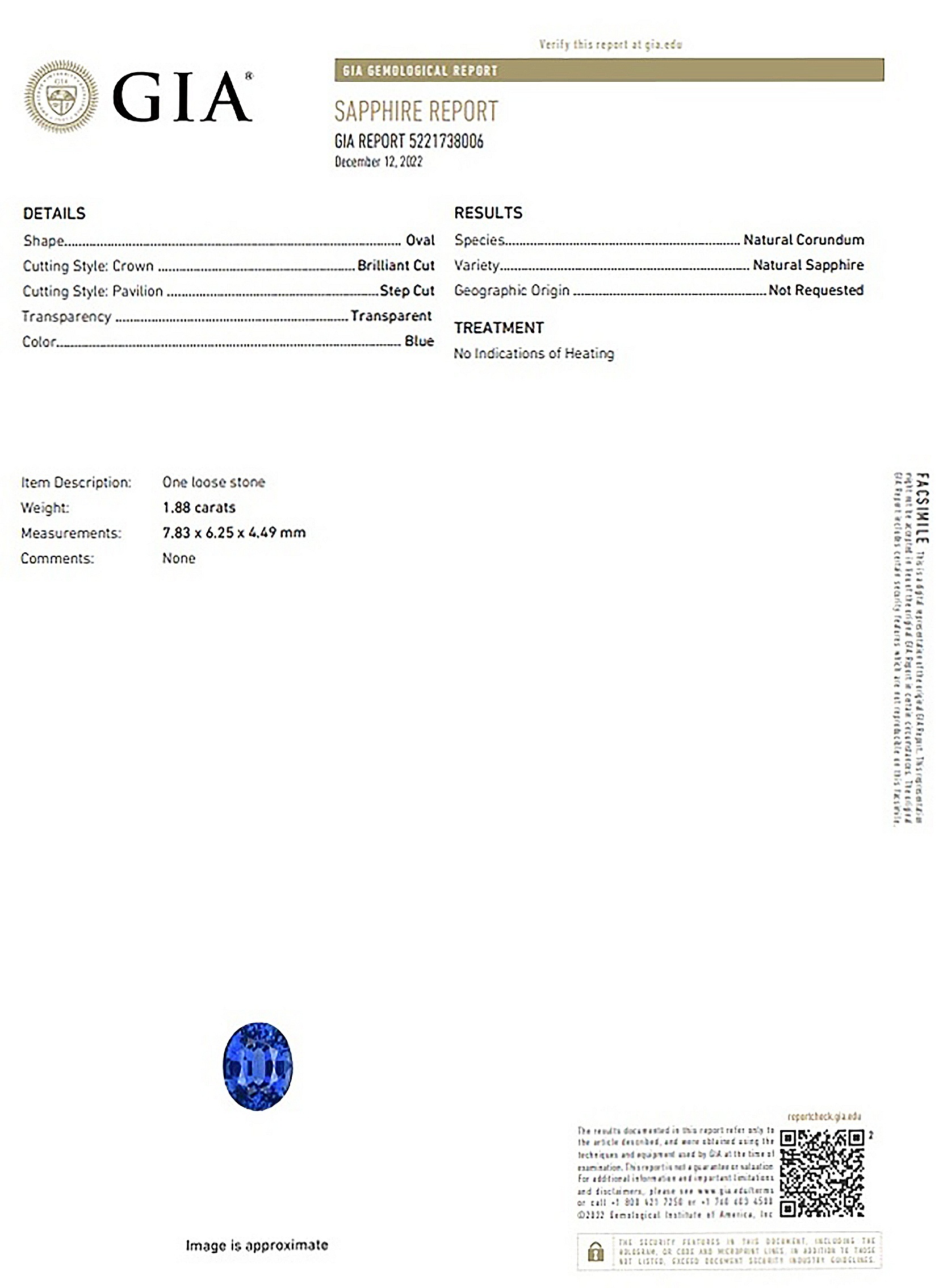 1.88 Ct. Blue Sapphire from Ceylon (Sri Lanka)