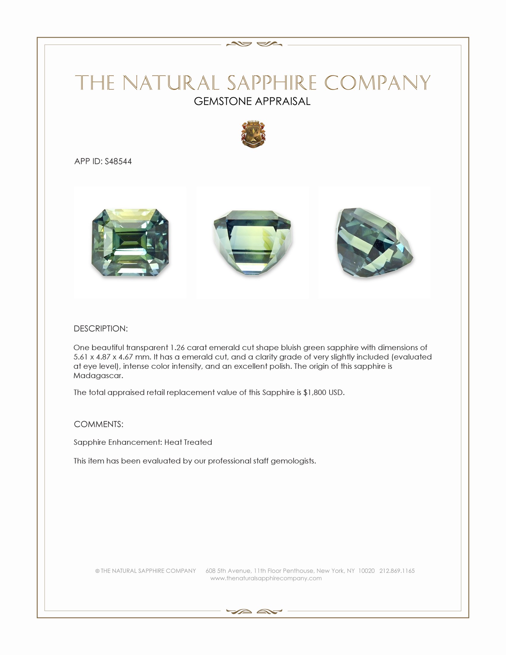 1.26 Ct. Bluish Green Sapphire from Madagascar
