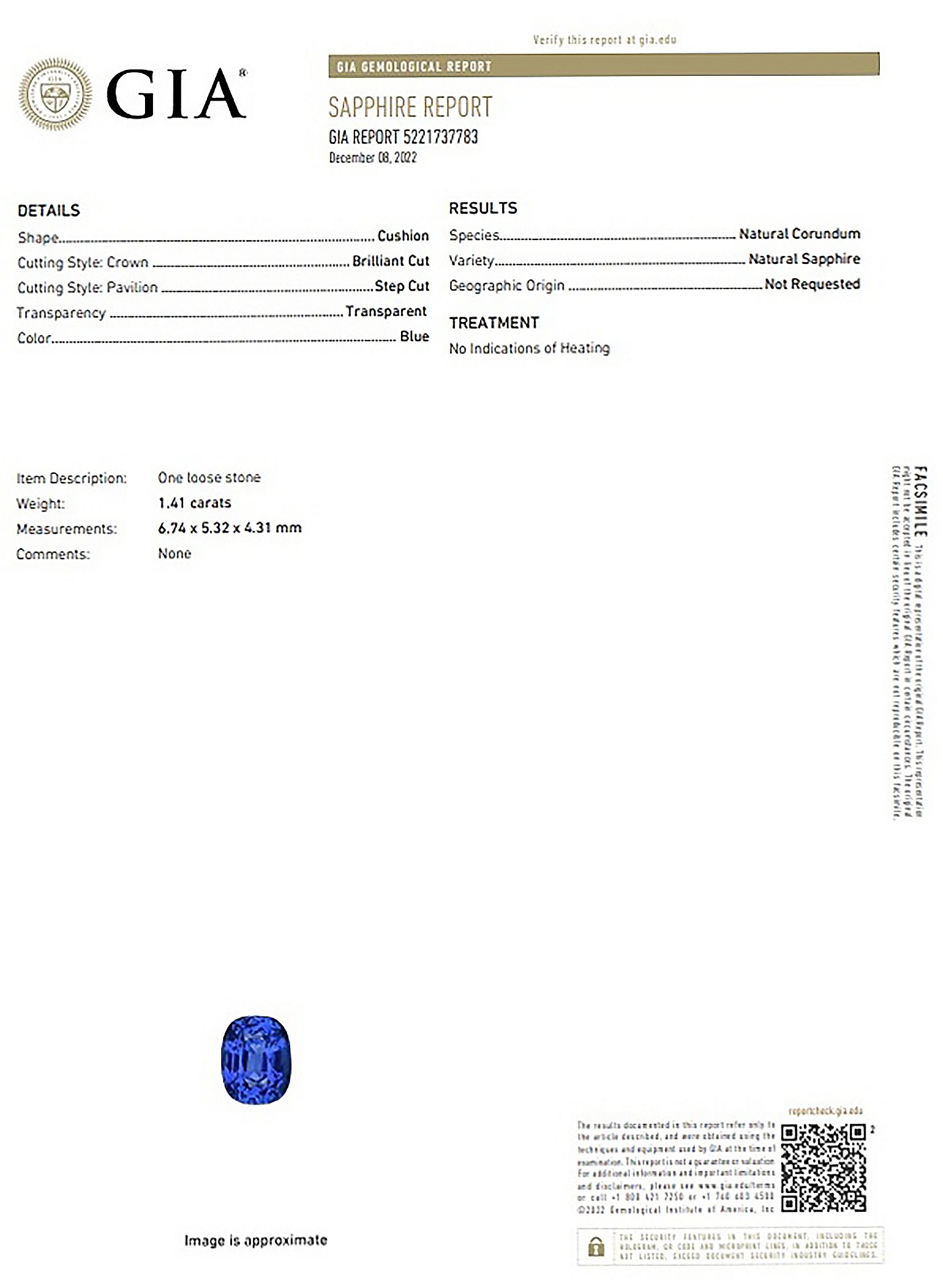 1.41 Ct. Blue Sapphire from Ceylon (Sri Lanka)