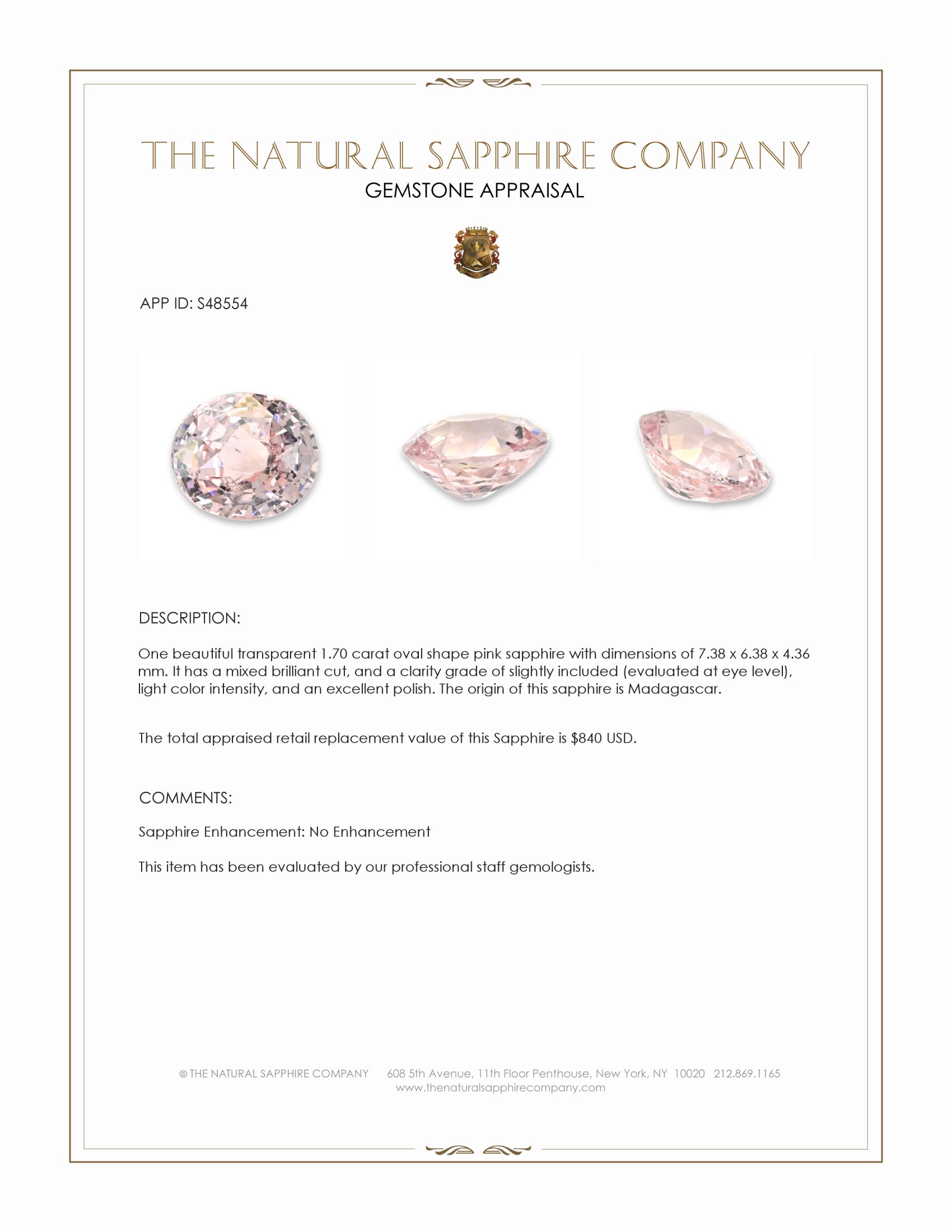 1.70 Ct. Pink Sapphire from Madagascar