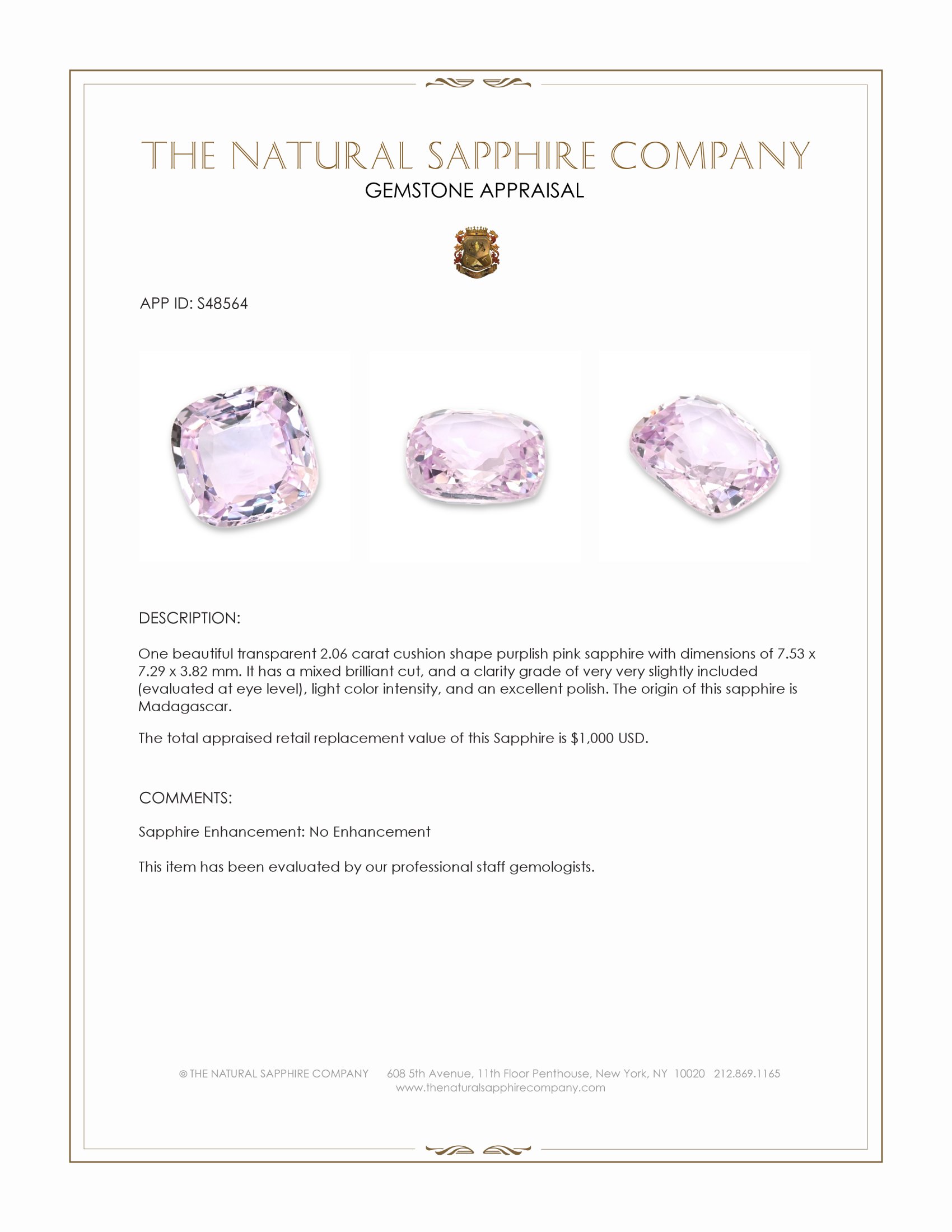 2.06 Ct. Purplish Pink Sapphire from Madagascar