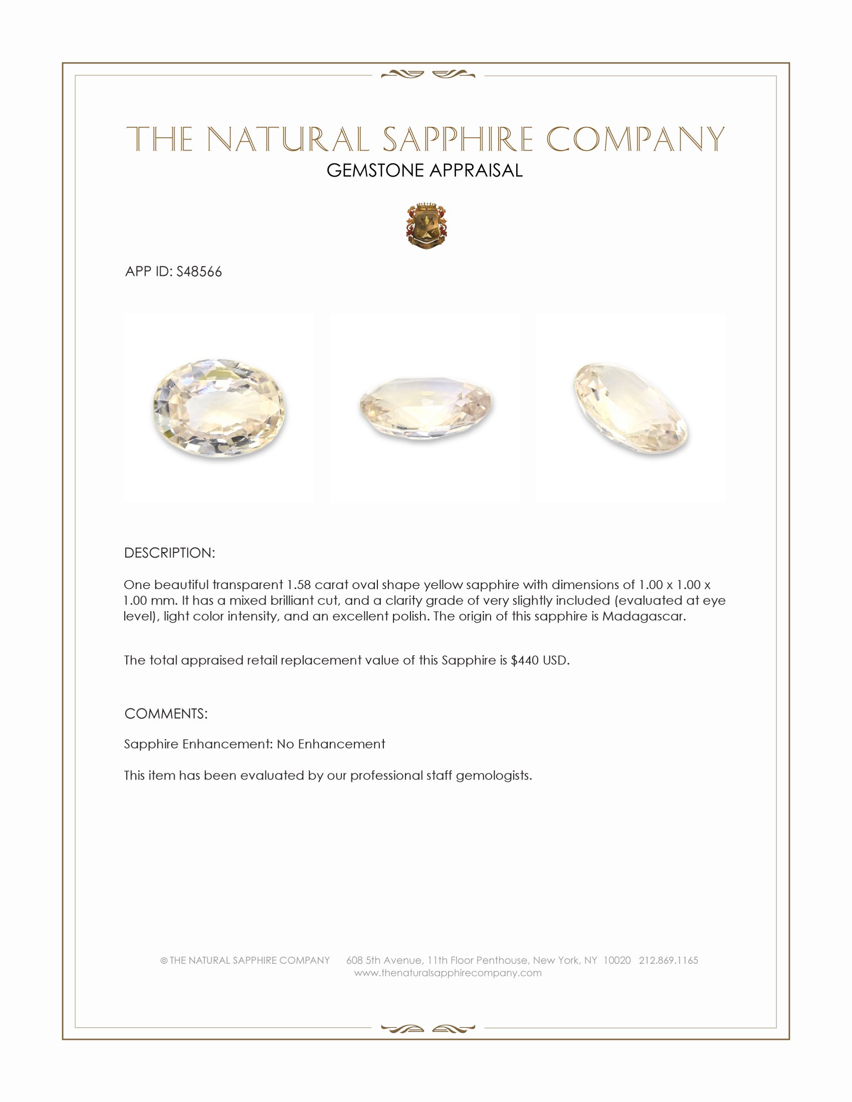 1.58 Ct. Yellow Sapphire from Madagascar