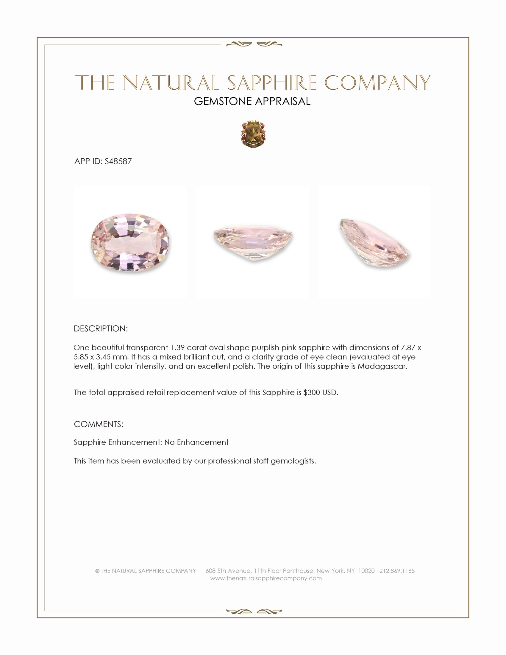 1.39 Ct. Purplish Pink Sapphire from Madagascar
