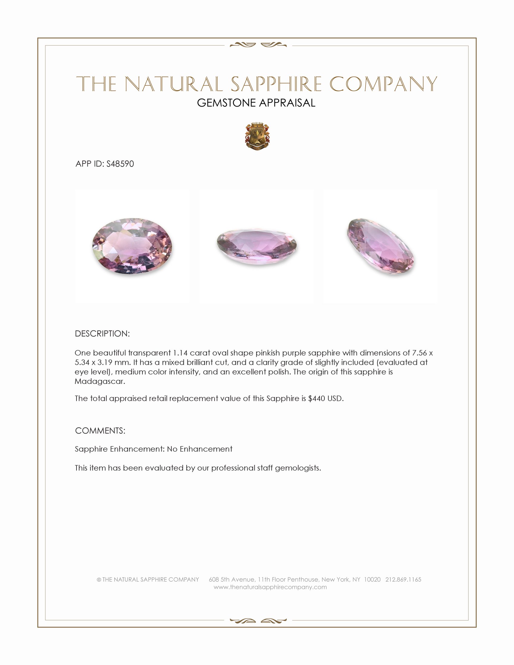 1.14 Ct. Pinkish Purple Sapphire from Madagascar