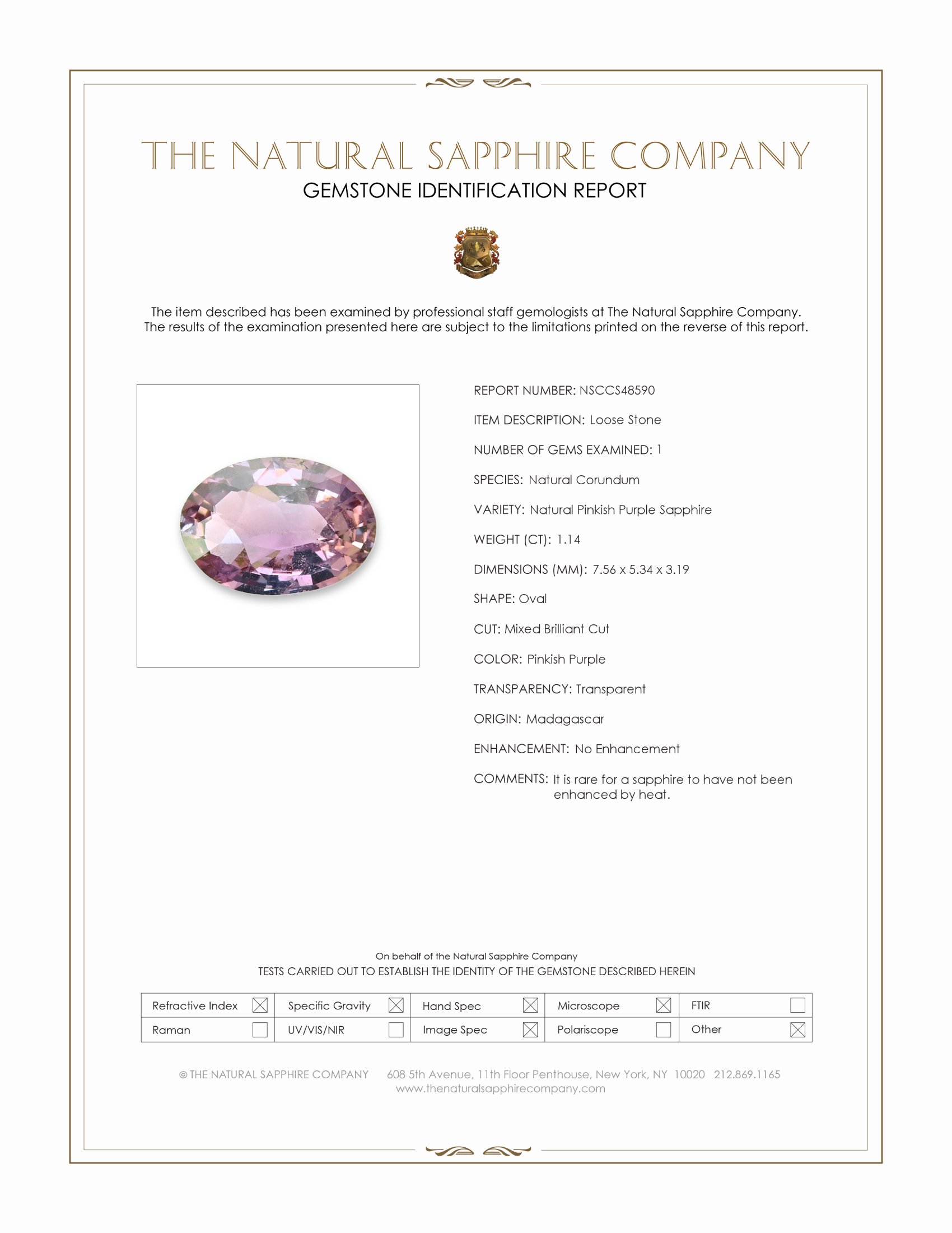 1.14 Ct. Pinkish Purple Sapphire from Madagascar