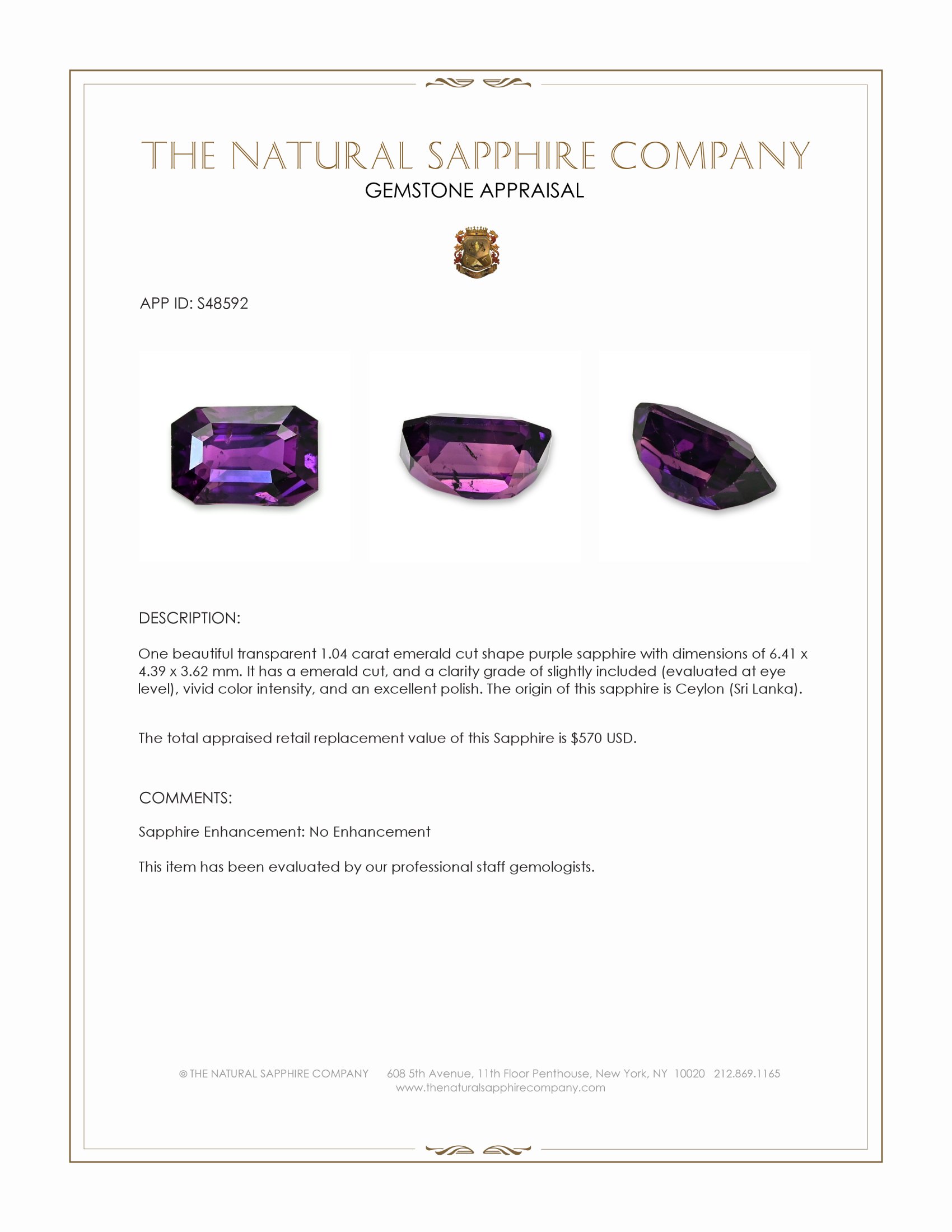 1.04 Ct. Purple Sapphire from Ceylon (Sri Lanka)