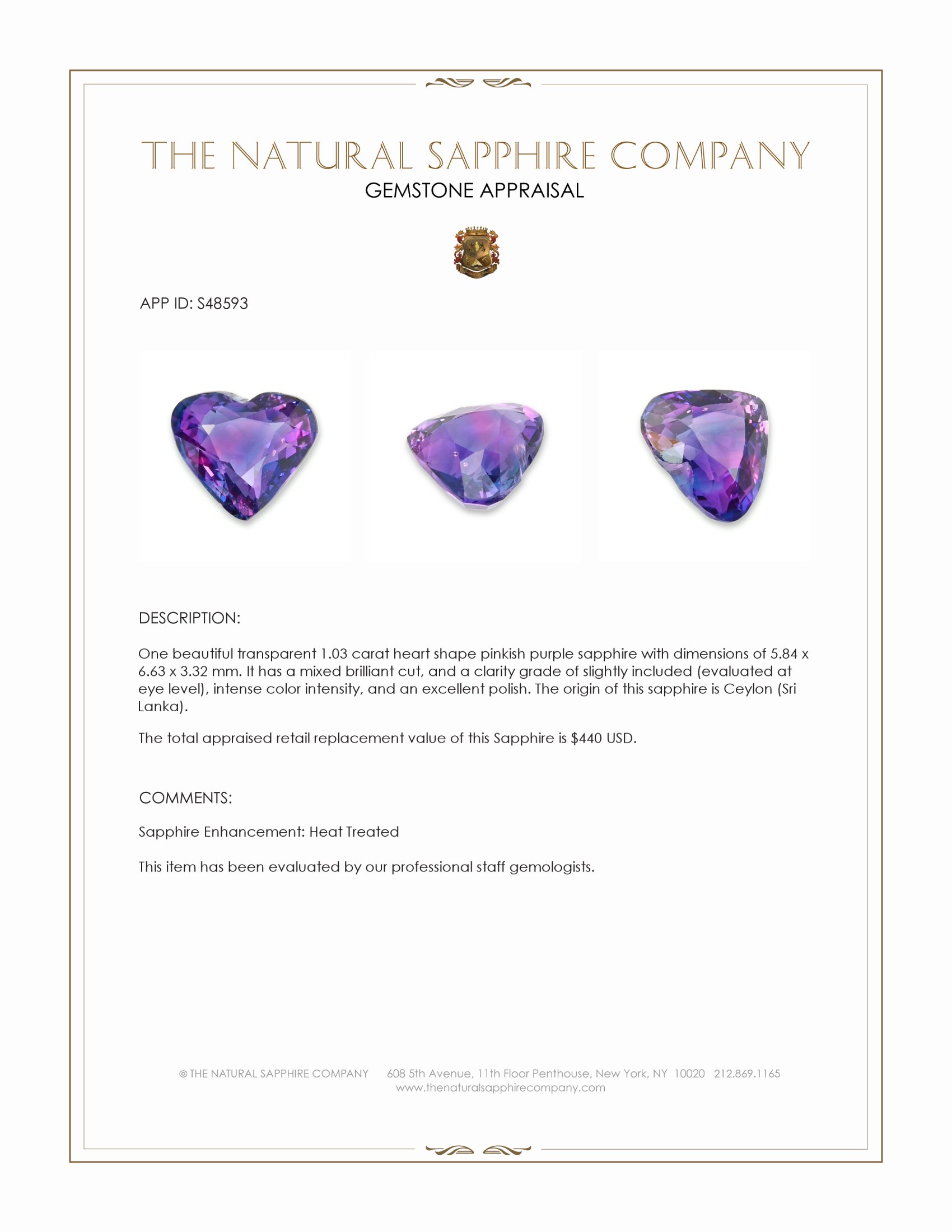 1.03 Ct. Pinkish Purple Sapphire from Ceylon (Sri Lanka)
