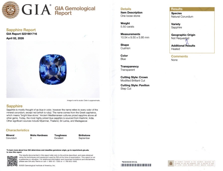 5.50 Ct. Blue Sapphire from Ceylon (Sri Lanka)