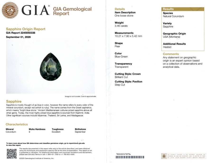 3.46 Ct. Bluish Green Sapphire from Montana