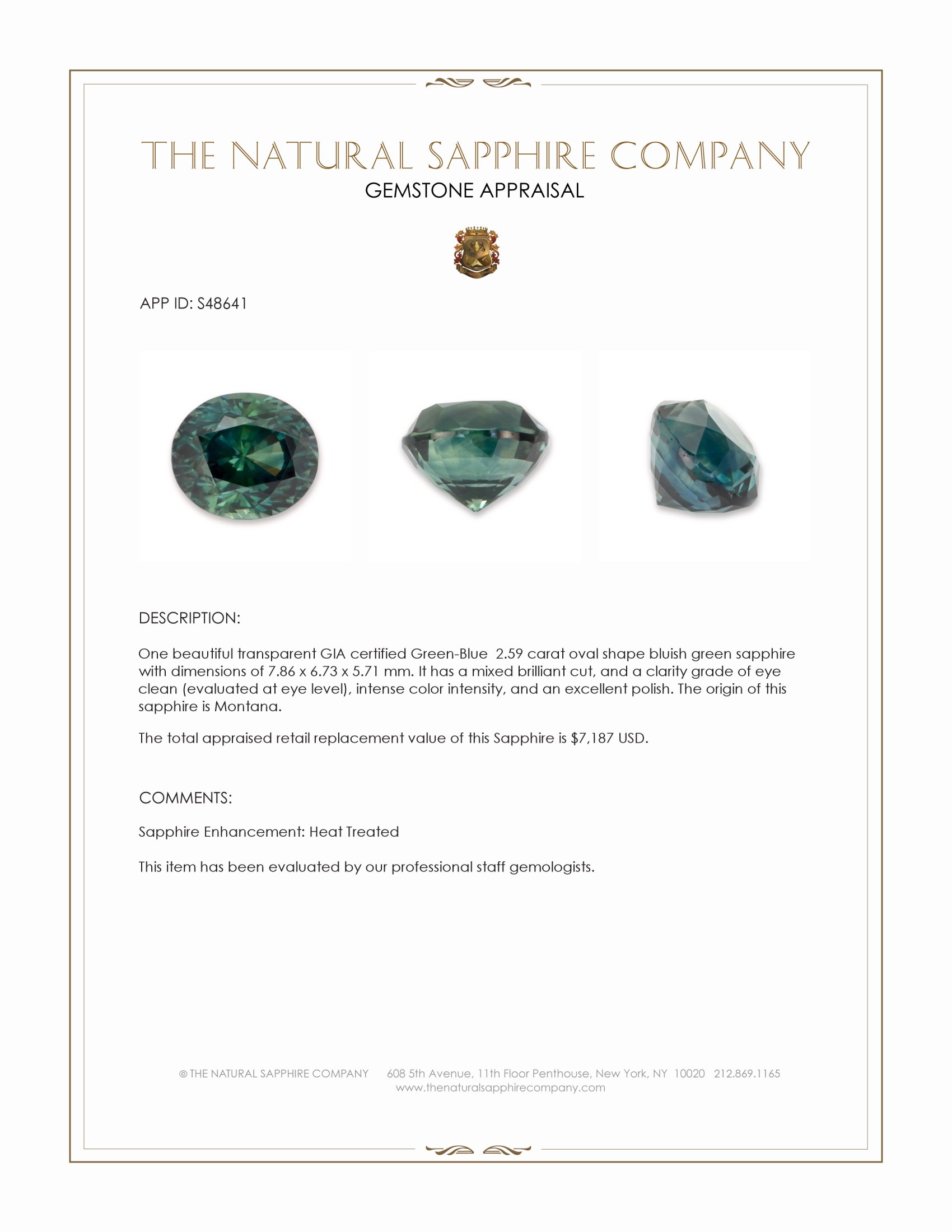 2.59 Ct. Bluish Green Sapphire from Montana