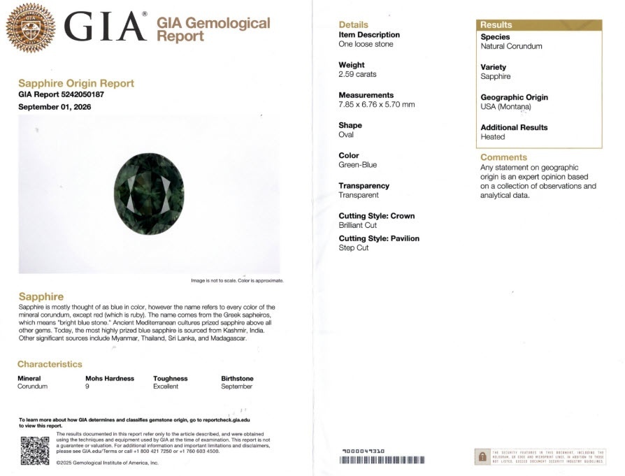 2.59 Ct. Bluish Green Sapphire from Montana