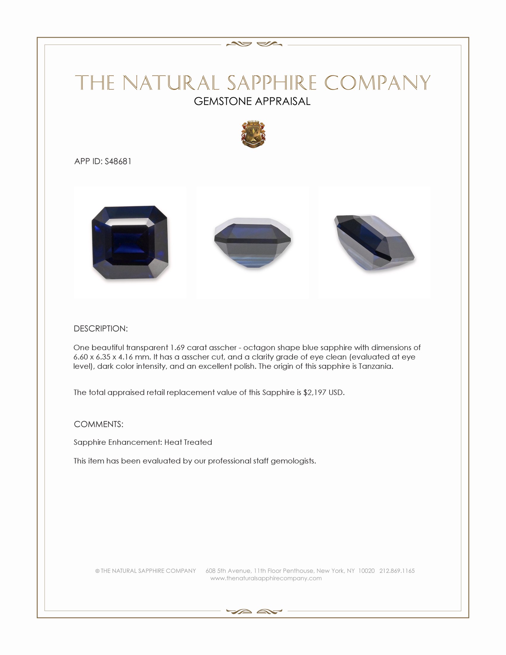 1.69 Ct. Blue Sapphire from Tanzania