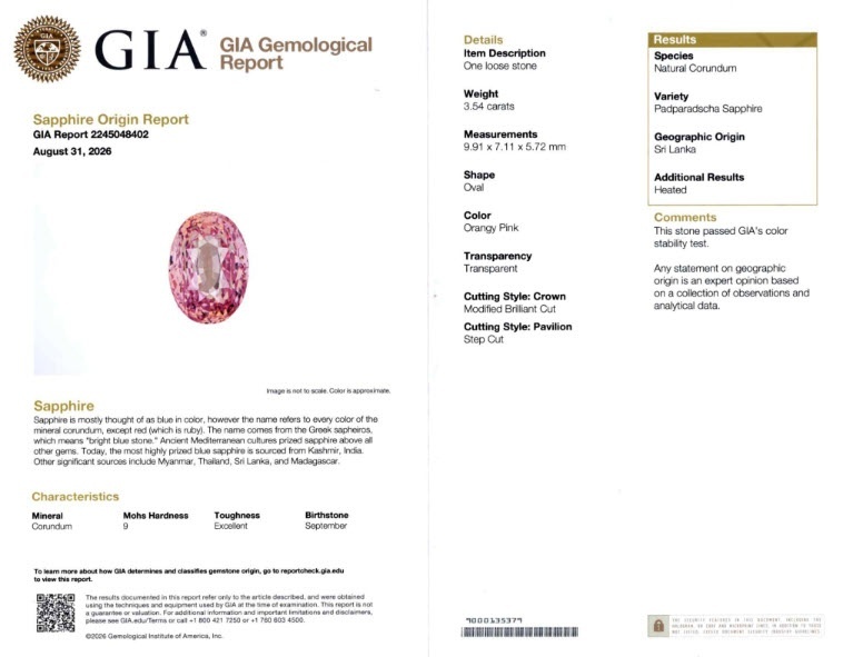 3.54 Ct. Padparadscha Sapphire from Ceylon (Sri Lanka)