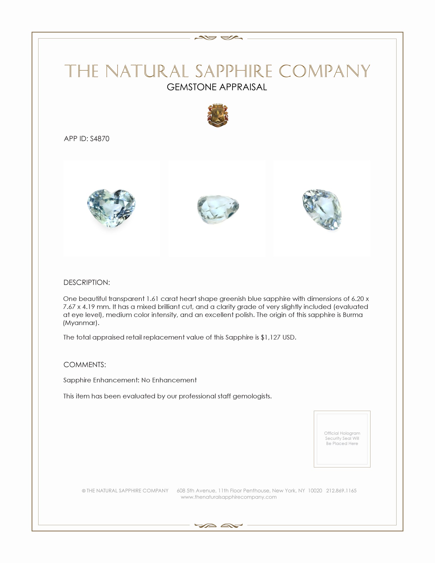 1.61 Ct. Greenish Blue Sapphire from Burma (Myanmar)