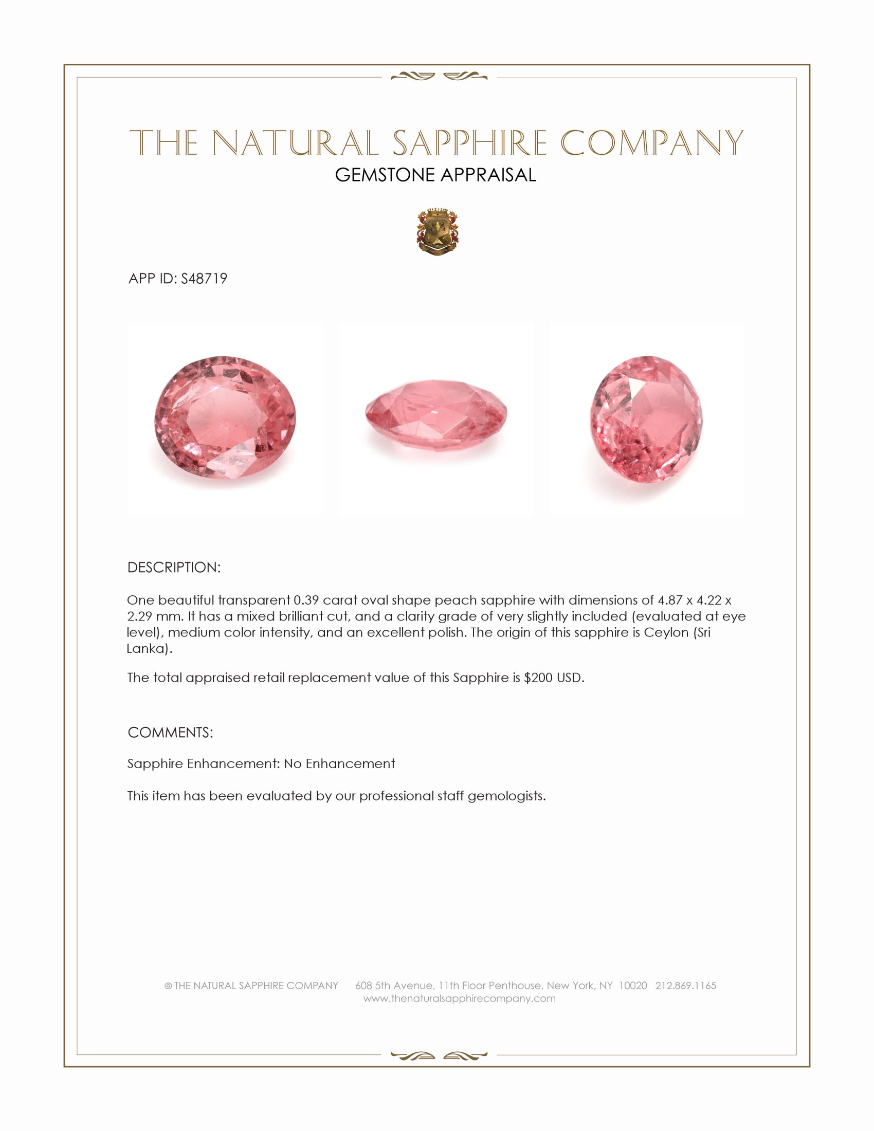 0.39 Ct. Peach Sapphire from Ceylon (Sri Lanka)