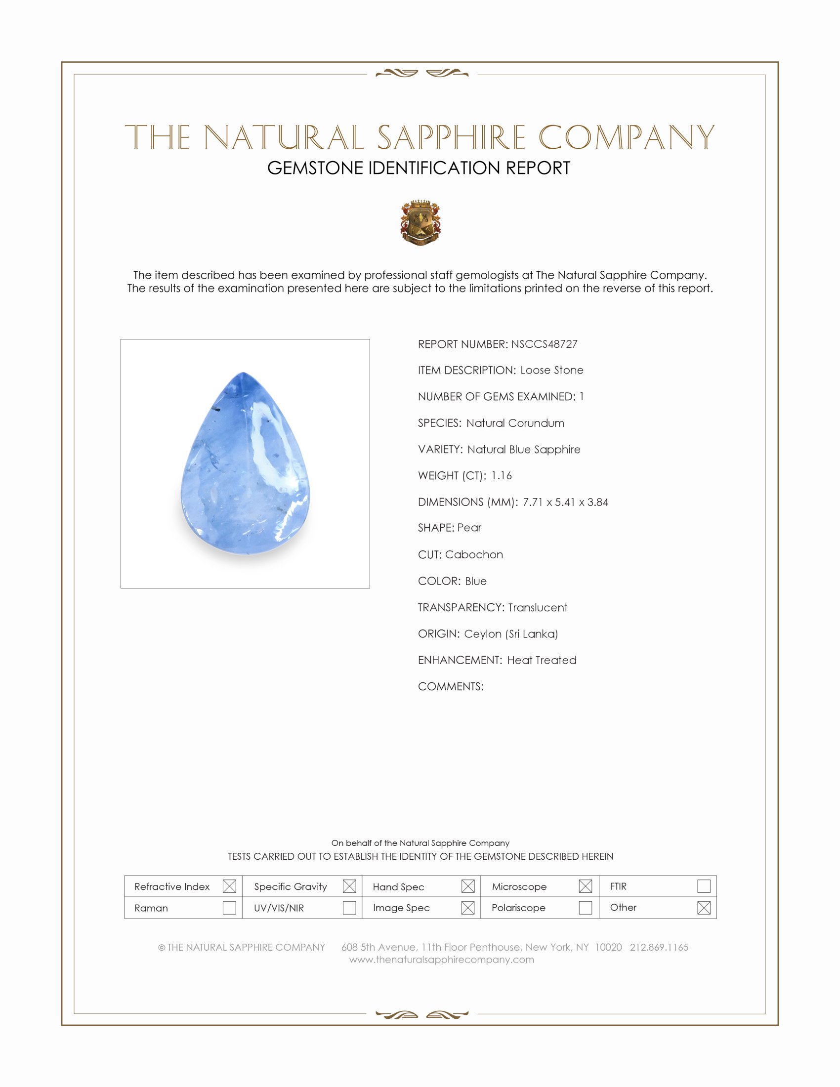 1.16 Ct. Blue Cabochon Sapphire from Ceylon (Sri Lanka)