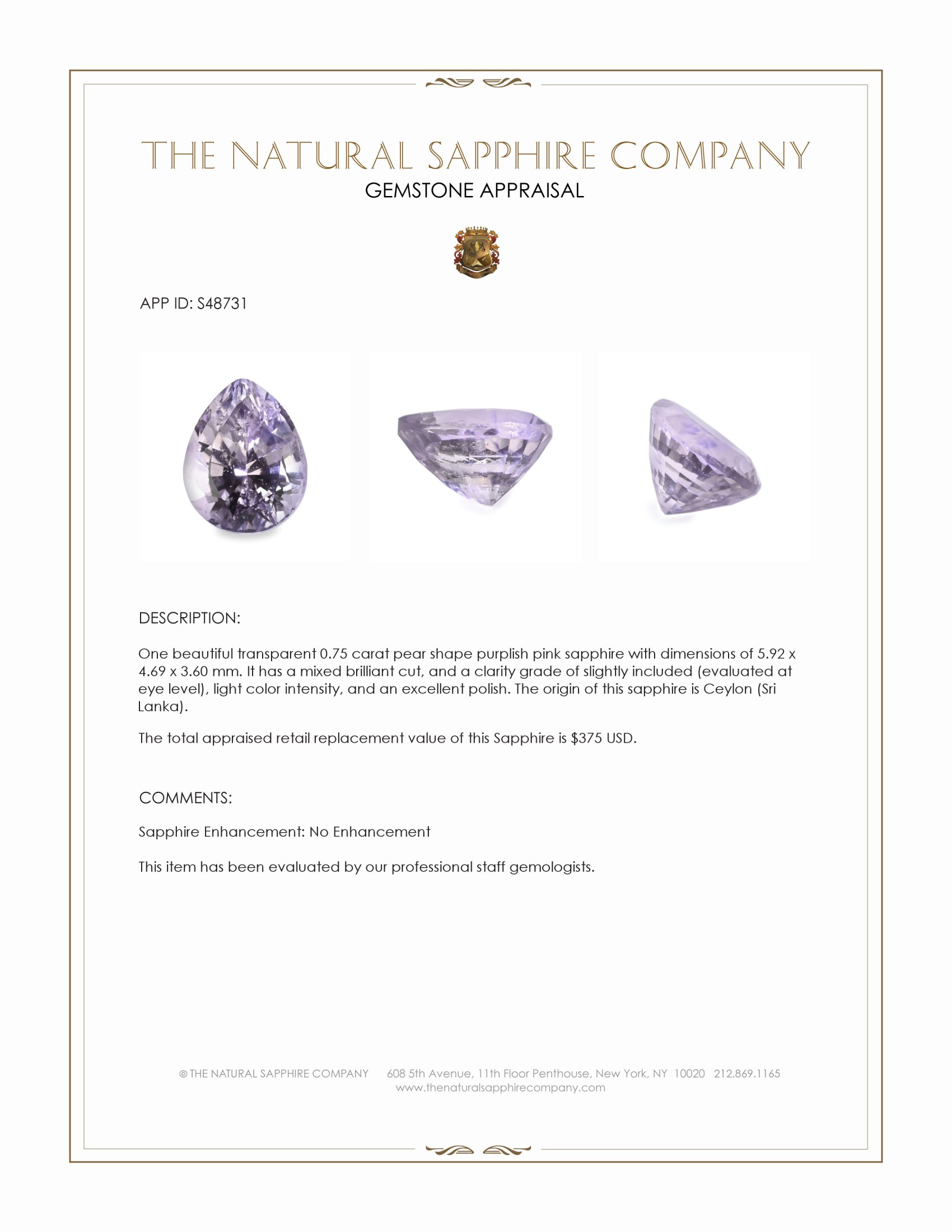 0.75 Ct. Purplish Pink Sapphire from Ceylon (Sri Lanka)