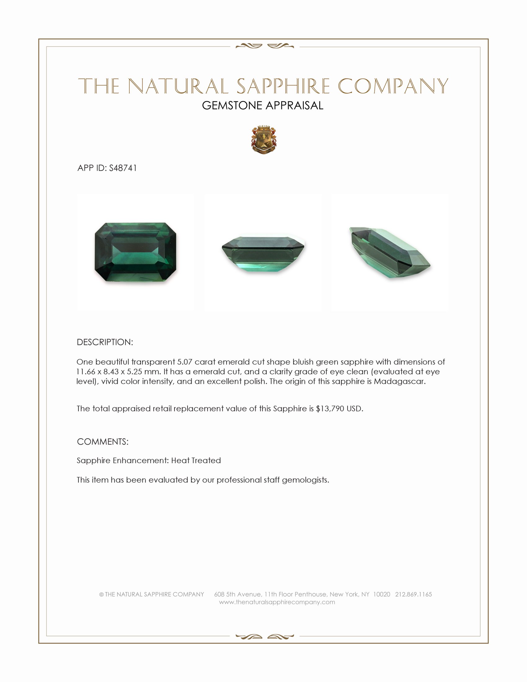 5.07 Ct. Bluish Green Sapphire from Madagascar