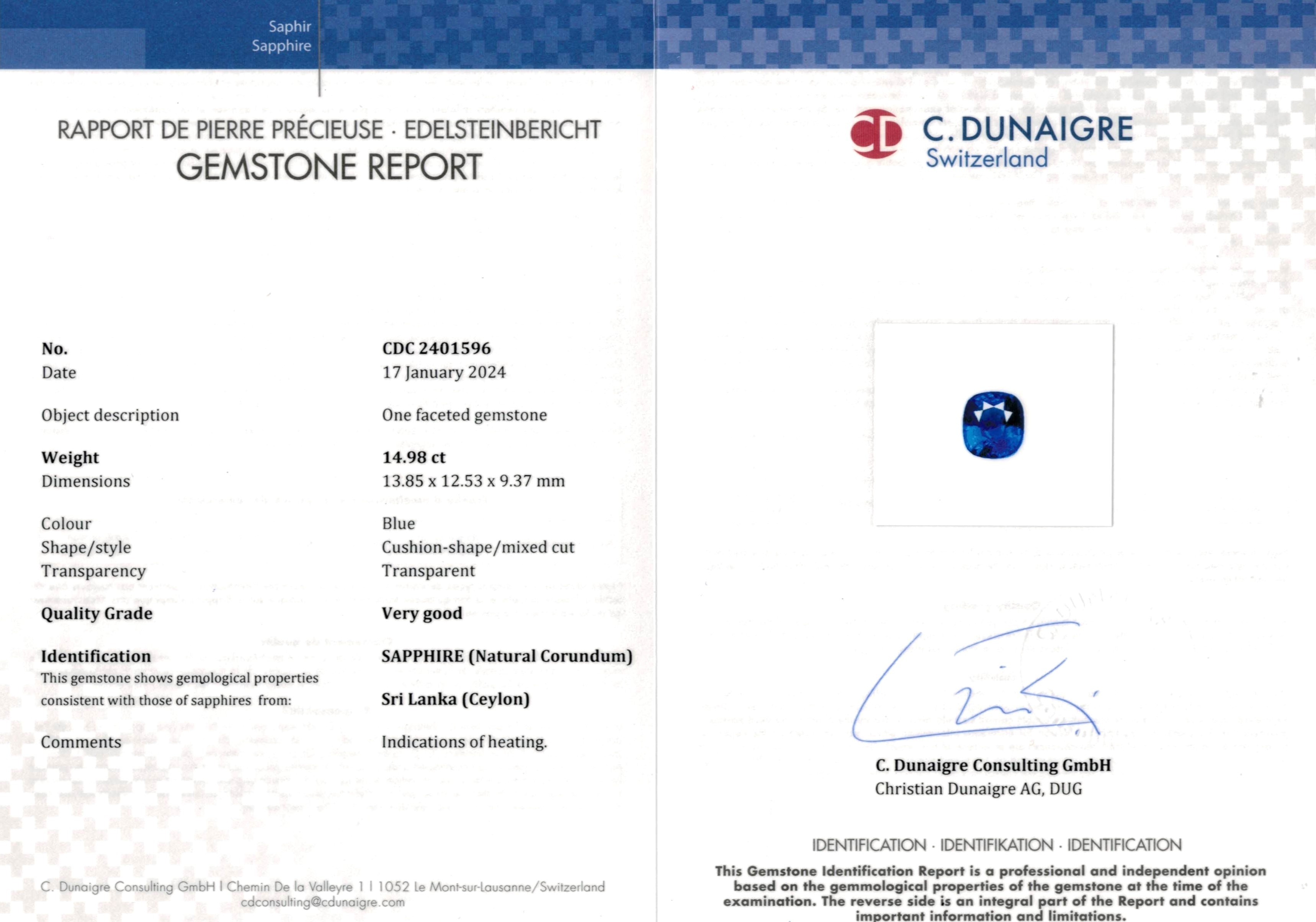 14.98 Ct. Blue Sapphire from Ceylon (Sri Lanka)