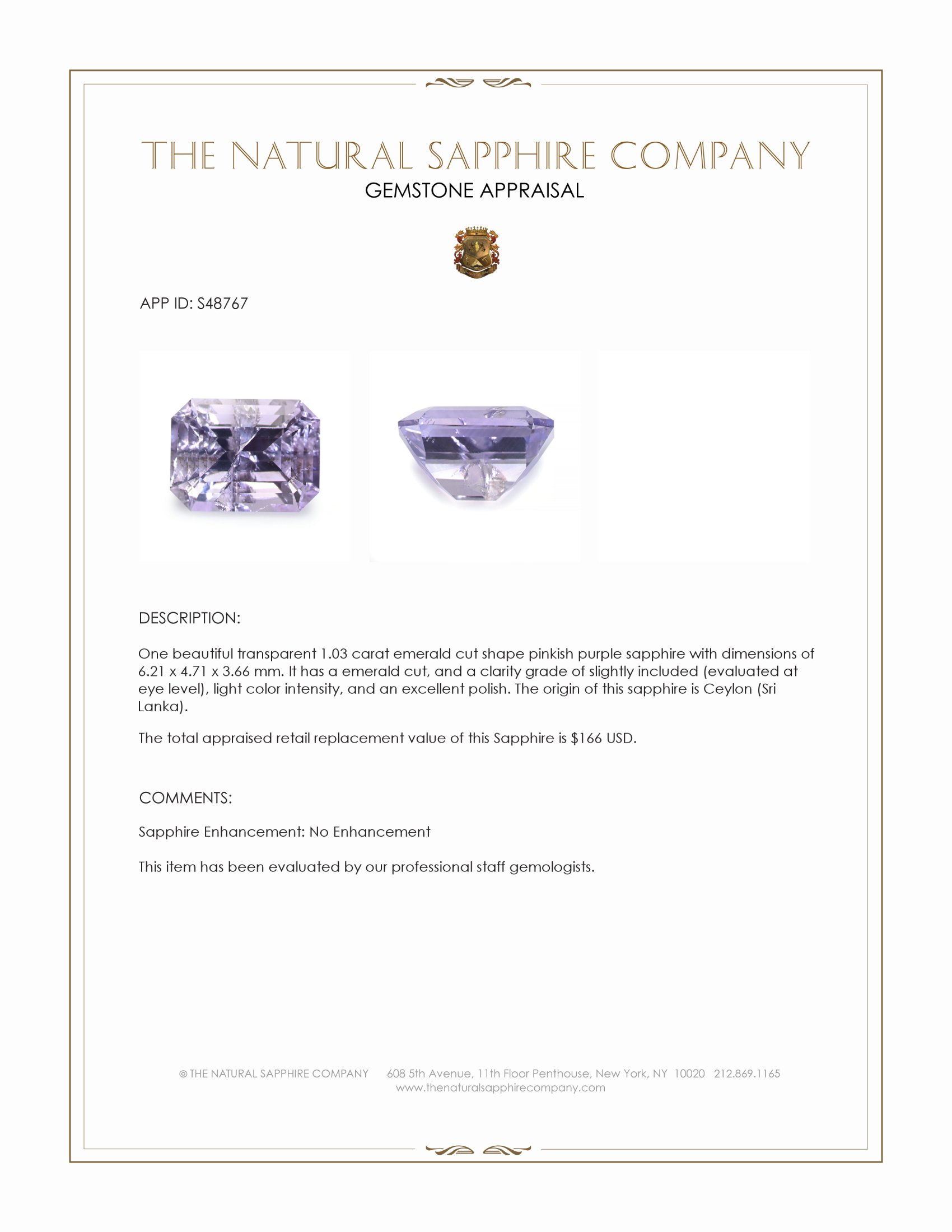1.03 Ct. Pinkish Purple Sapphire from Ceylon (Sri Lanka)