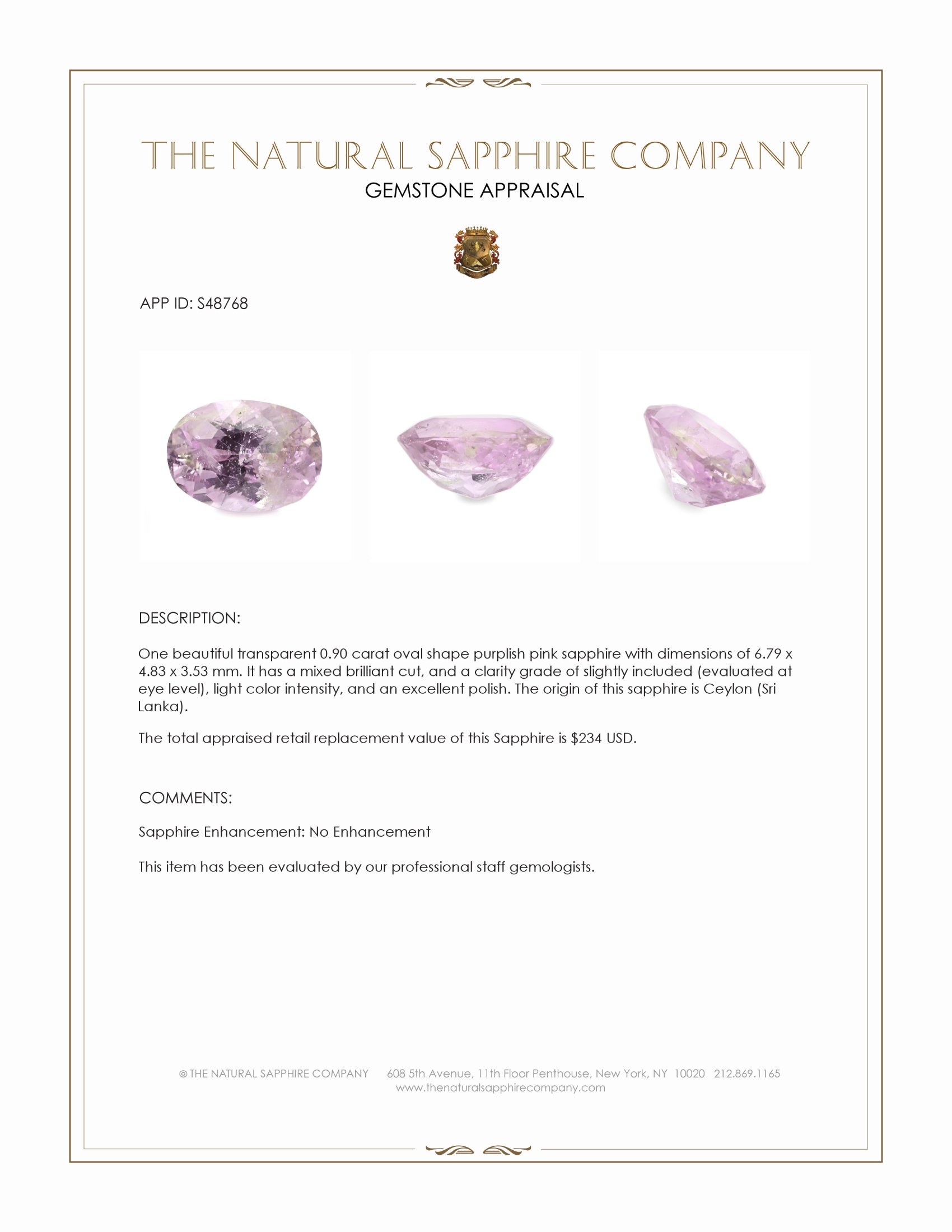 0.90 Ct. Purplish Pink Sapphire from Ceylon (Sri Lanka)